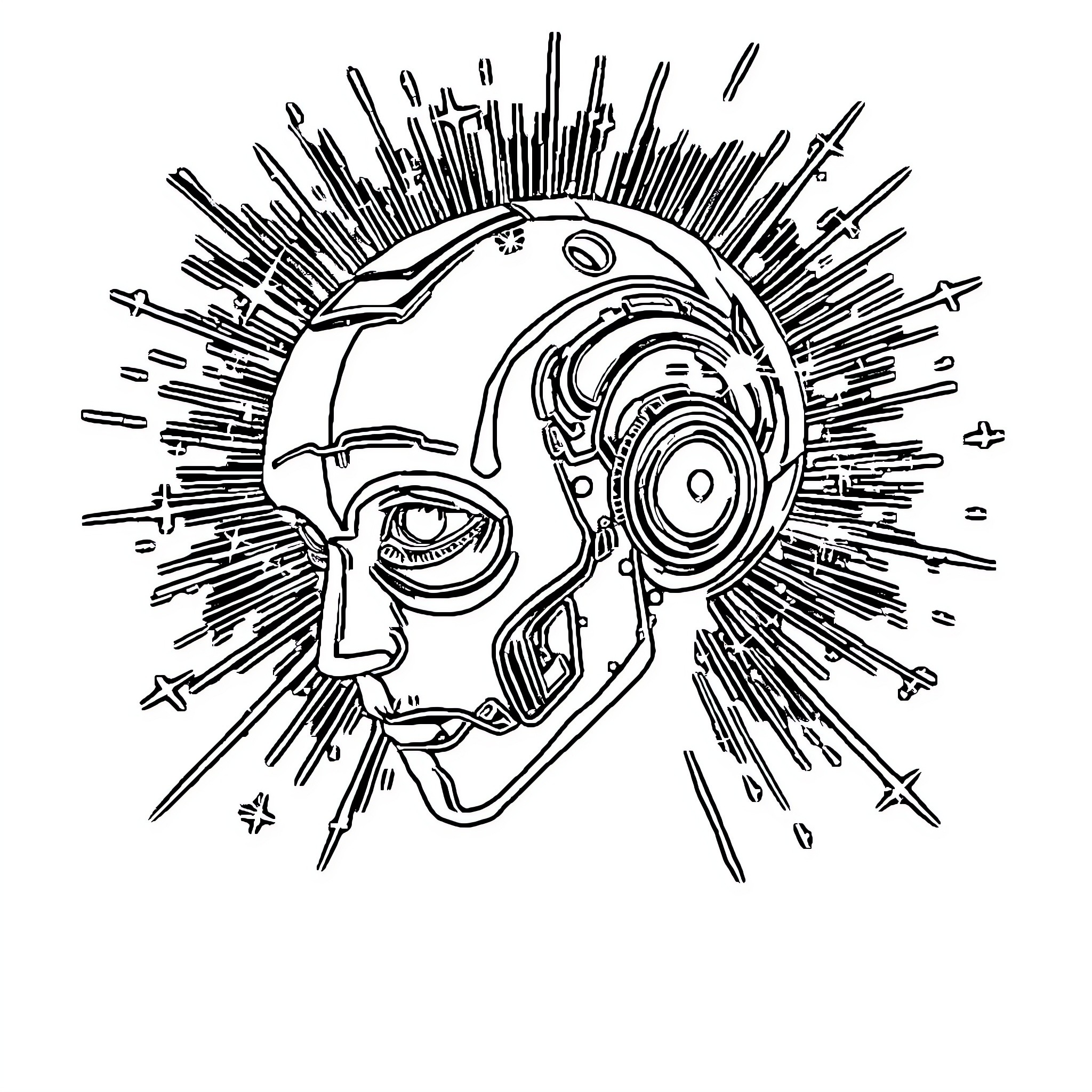 AI Depiction of Futuristic Mechanical Face Coloring Page (free black-and-white line drawing printable PDF for all, from beginners to advanced learners, including children, teens, adults, and seniors)