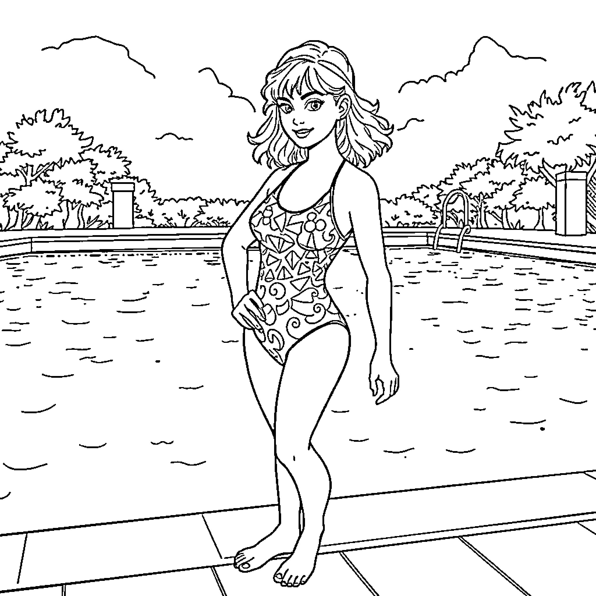 Hermione enjoying a sunny day by the pool Coloring Page (free black-and-white line drawing printable PDF for all, from beginners to advanced learners, including children, teens, adults, and seniors)