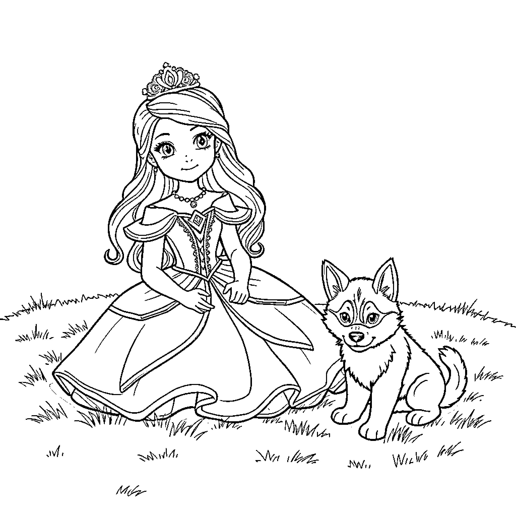 Princess Enjoys Outdoor Adventure with Playful Companion Coloring Page (free black-and-white line drawing printable PDF for all, from beginners to advanced learners, including children, teens, adults, and seniors)