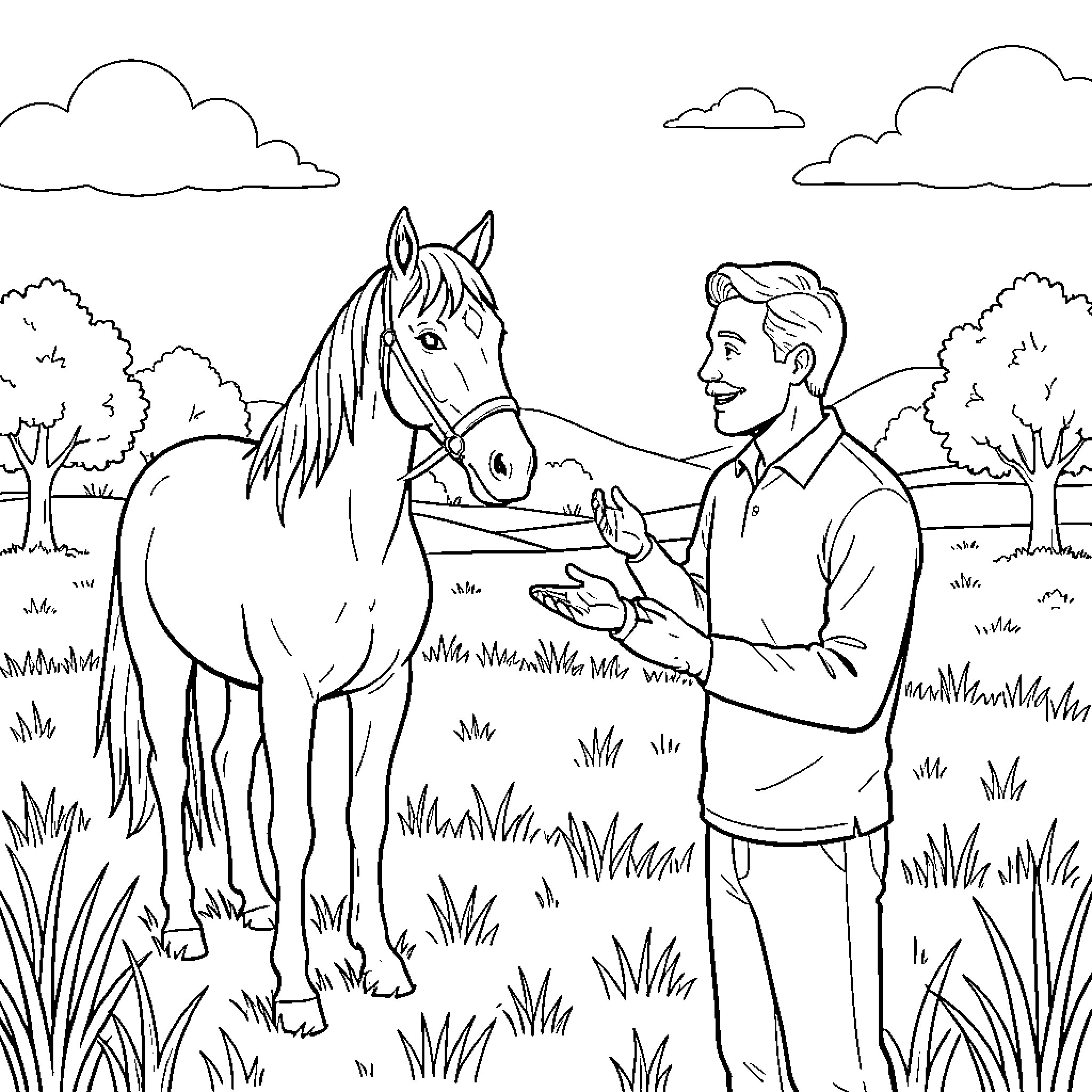 Man smiling while interacting with a horse in a field Coloring Page (free black-and-white line drawing printable PDF for all, from beginners to advanced learners, including children, teens, adults, and seniors)
