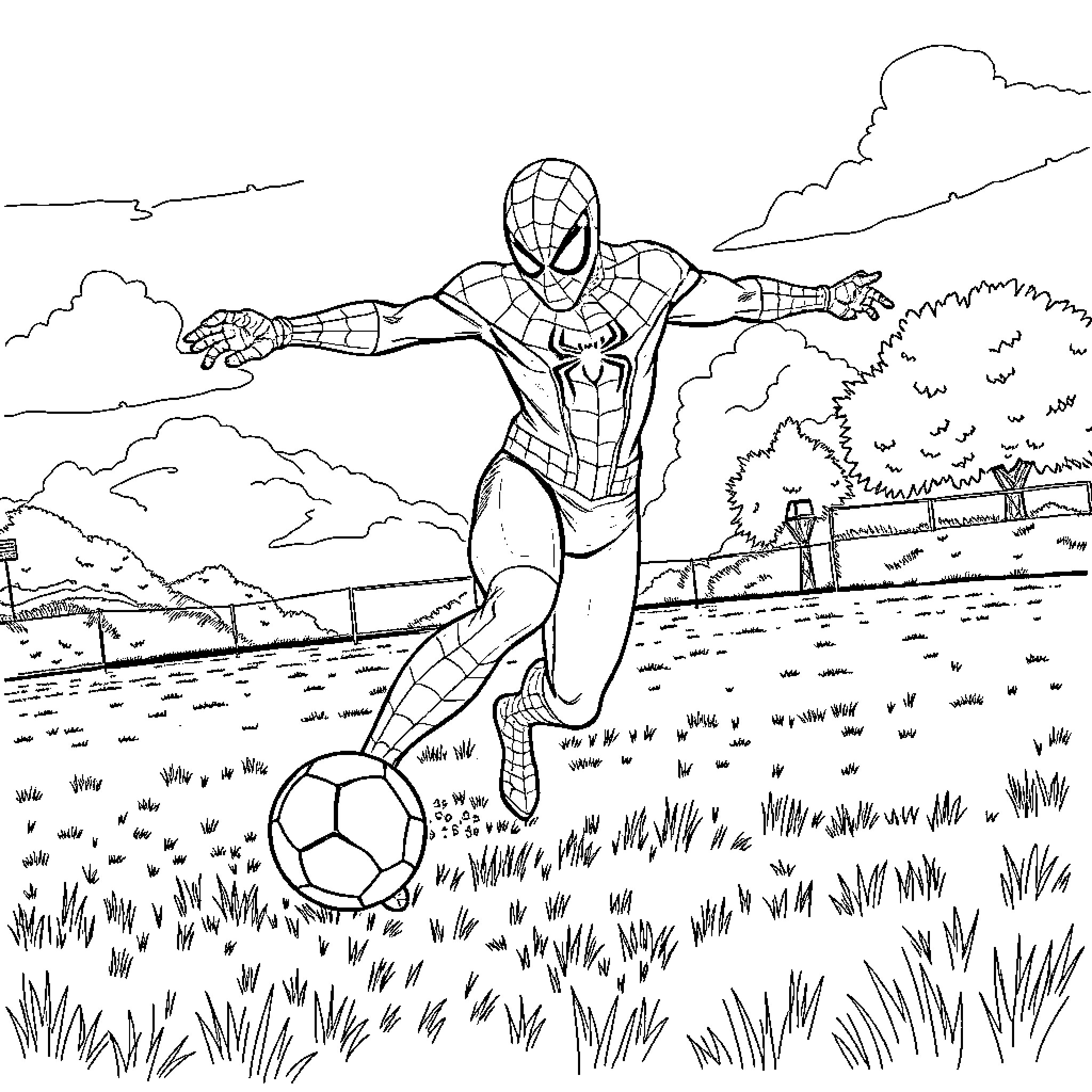Spiderman playing soccer in the park Coloring Page (free black-and-white line drawing printable PDF for all, from beginners to advanced learners, including children, teens, adults, and seniors)