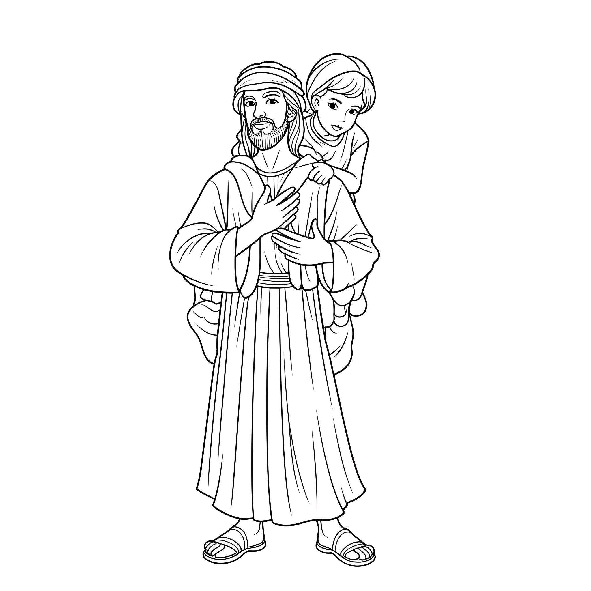 Man embracing child in traditional clothing Coloring Page (free black-and-white line drawing printable PDF for all, from beginners to advanced learners, including children, teens, adults, and seniors)