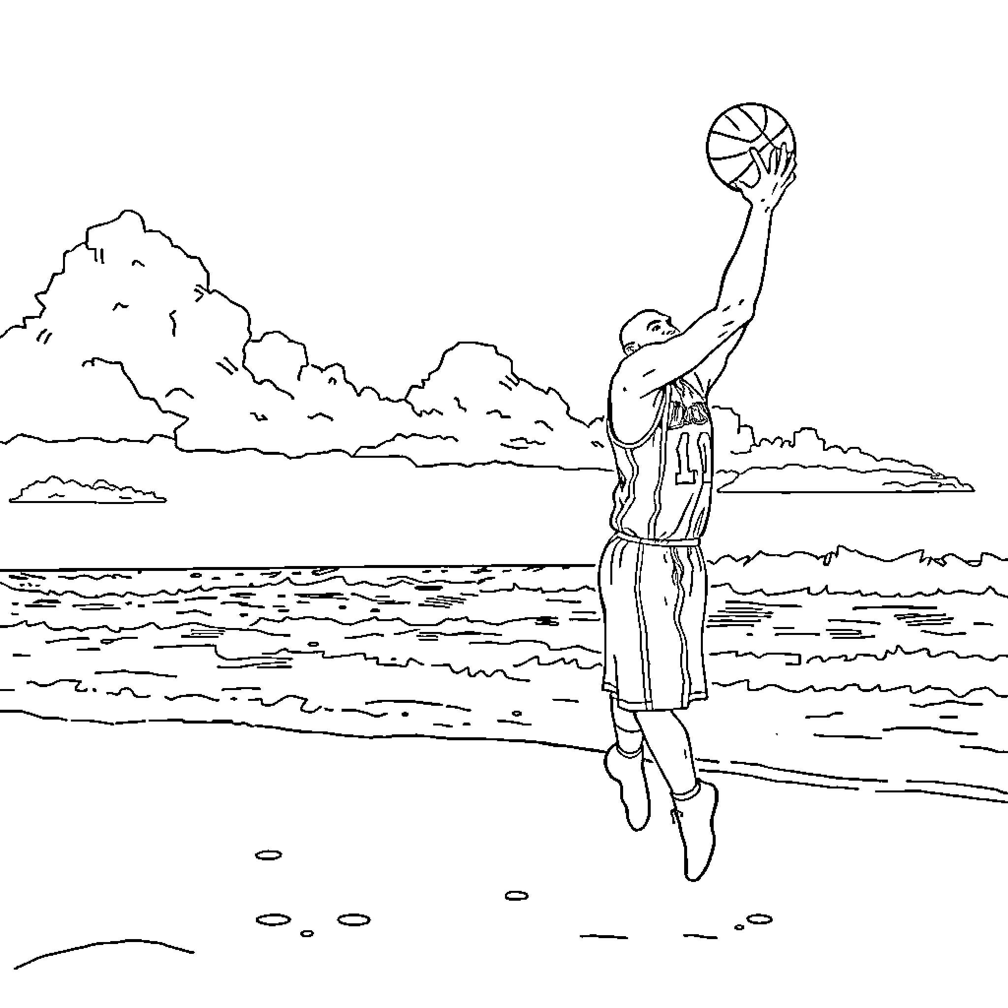 Kobe Bryant shooting a basketball on the beach Coloring Page (free black-and-white line drawing printable PDF for all, from beginners to advanced learners, including children, teens, adults, and seniors)