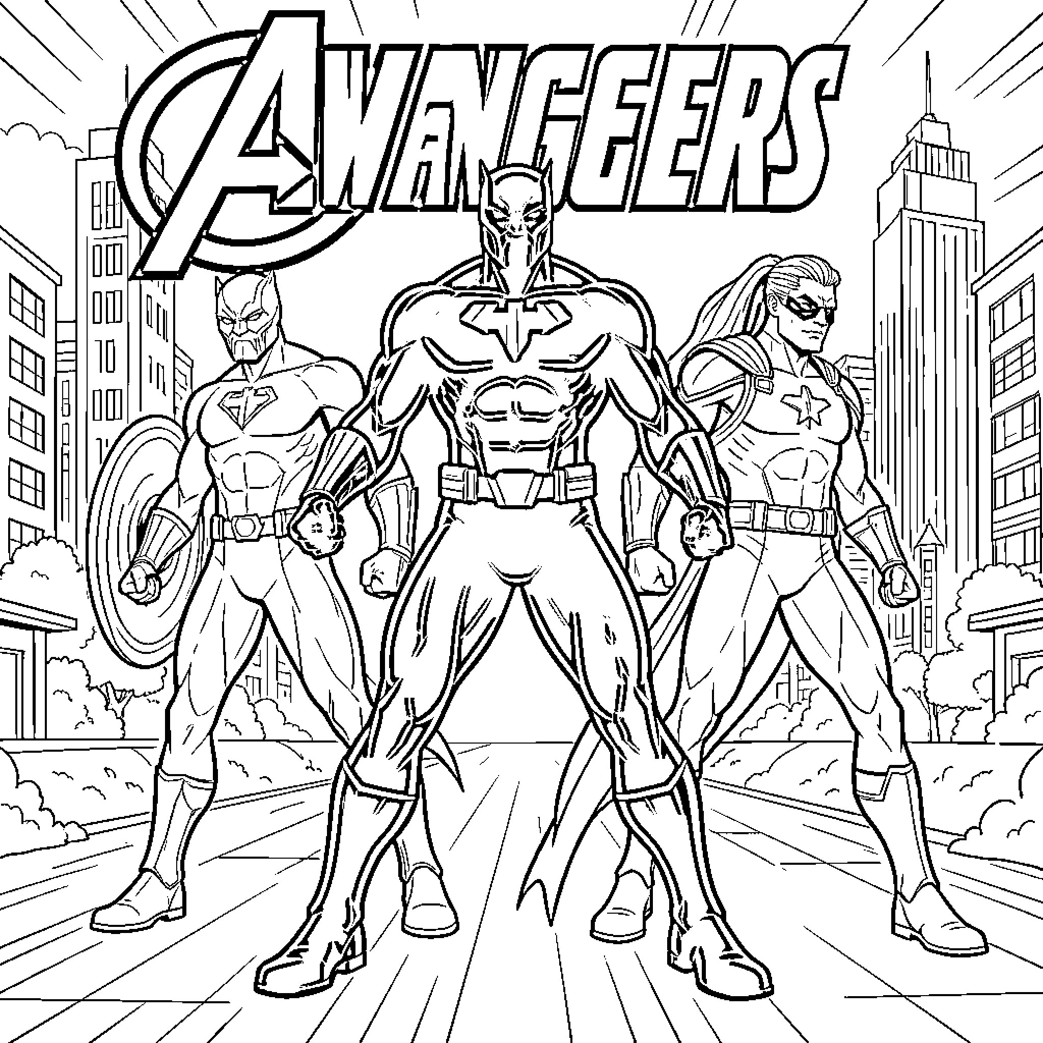 Panther and superhero team standing heroically in city Coloring Page (free black-and-white line drawing printable PDF for all, from beginners to advanced learners, including children, teens, adults, and seniors)