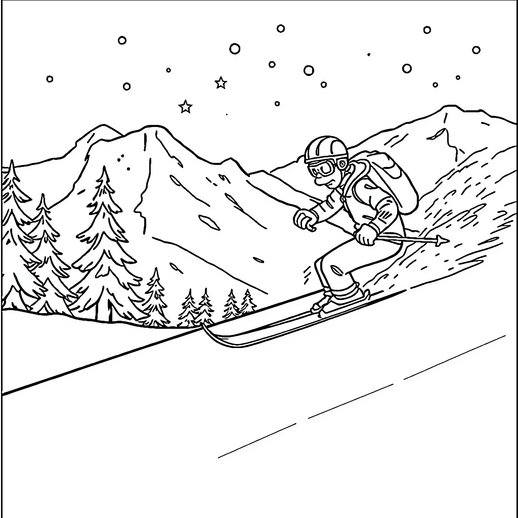 Homer Adams skiing down the snowy mountain slopes Coloring Page (free black-and-white line drawing printable PDF for all, from beginners to advanced learners, including children, teens, adults, and seniors)