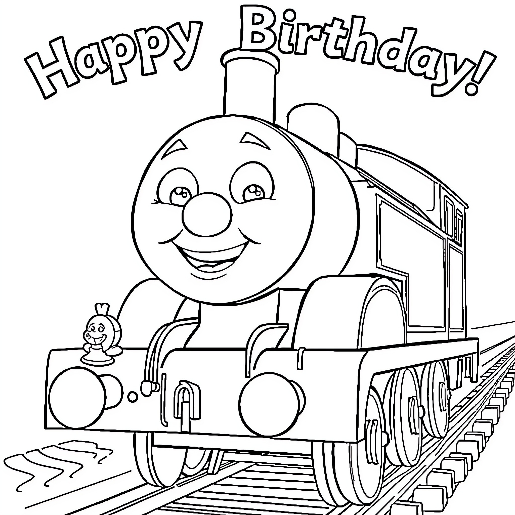 Thomas's Happy Birthday Train Adventure Coloring Page (free black-and-white line drawing printable PDF for all, from beginners to advanced learners, including children, teens, adults, and seniors)
