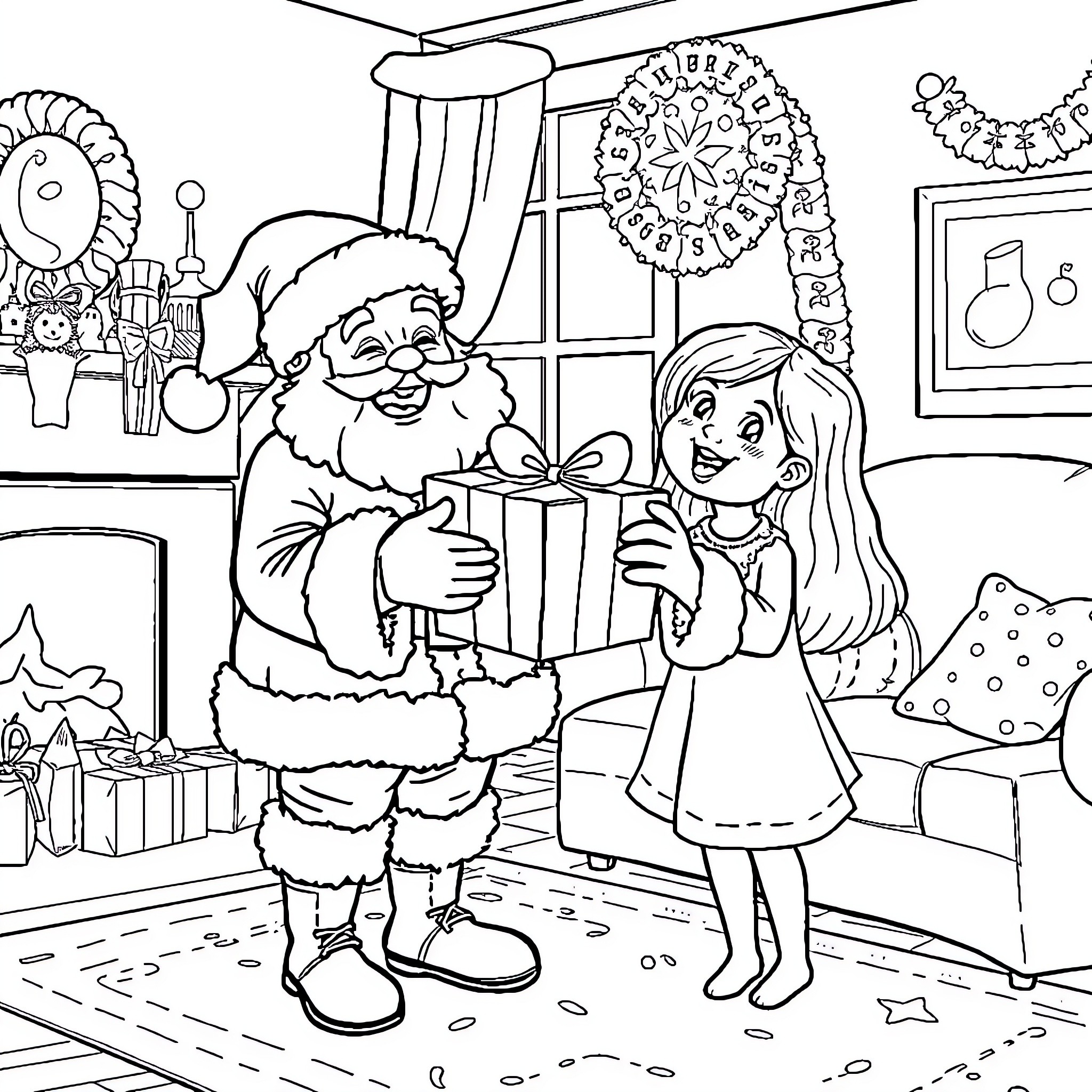 Santa Giving Gift to Excited Girl in Festive Room Coloring Page (free black-and-white line drawing printable PDF for all, from beginners to advanced learners, including children, teens, adults, and seniors)