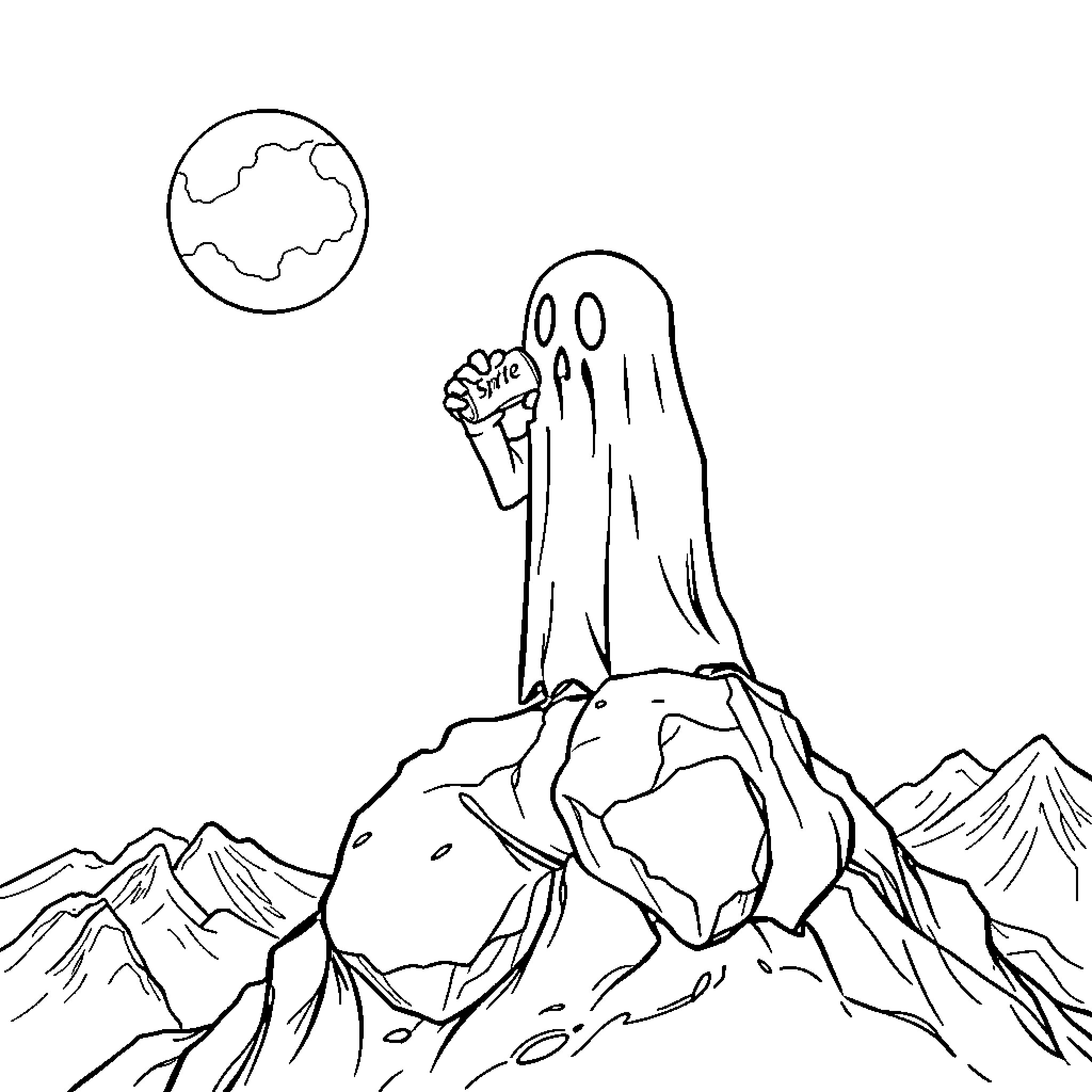Haunted Mormon figure overlooking mountainous landscape Coloring Page (free black-and-white line drawing printable PDF for all, from beginners to advanced learners, including children, teens, adults, and seniors)