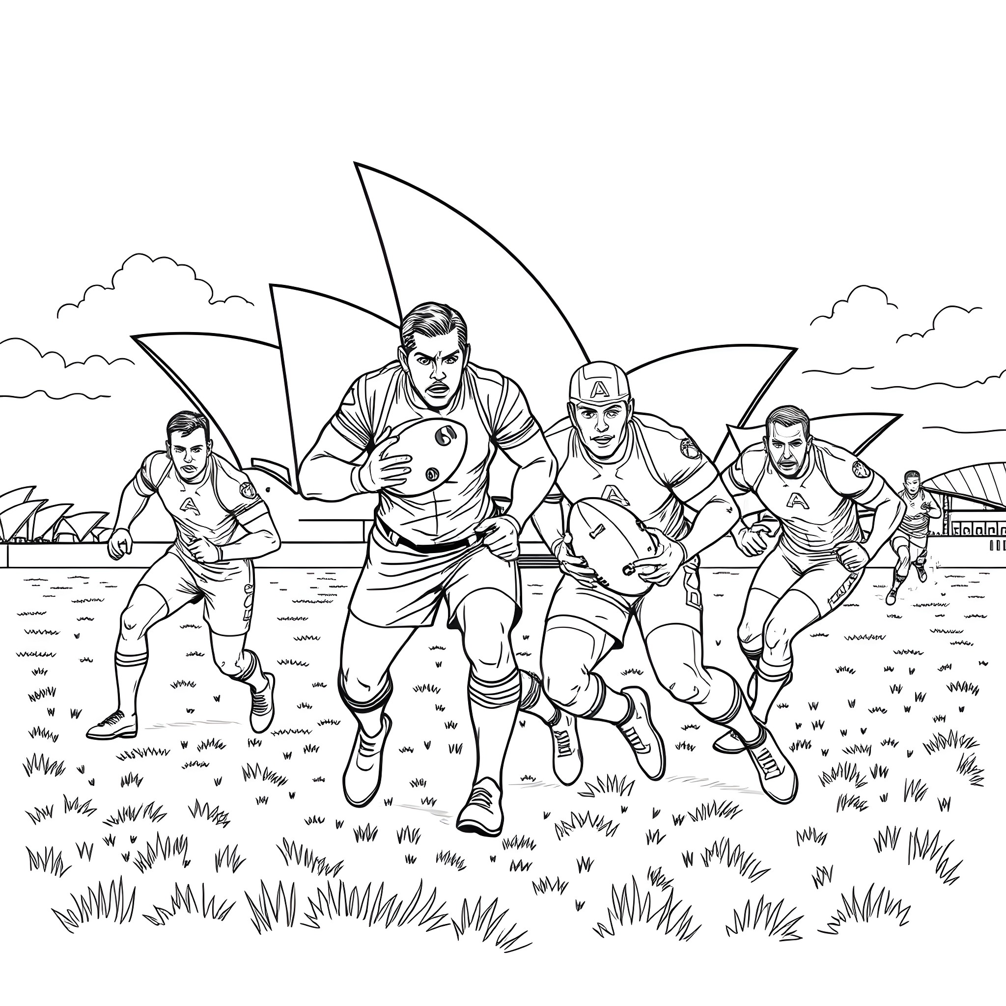 Avenger superheroes in action on the field Coloring Page (free black-and-white line drawing printable PDF for all, from beginners to advanced learners, including children, teens, adults, and seniors)