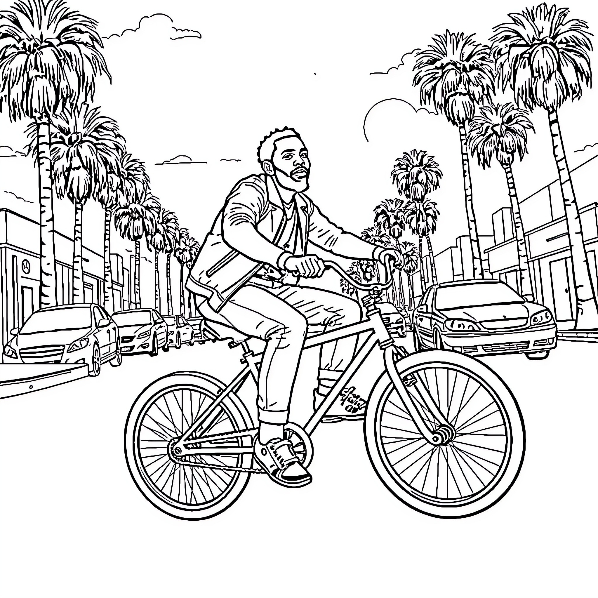 Kendrick Lamar cycling through the city streets Coloring Page (free black-and-white line drawing printable PDF for all, from beginners to advanced learners, including children, teens, adults, and seniors)