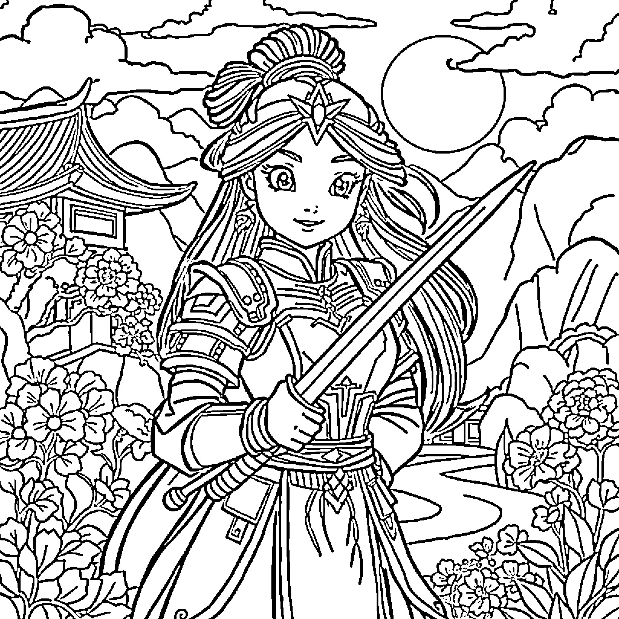 Mulan in Traditional Warrior Attire in Scenic Landscape Coloring Page (free black-and-white line drawing printable PDF for all, from beginners to advanced learners, including children, teens, adults, and seniors)