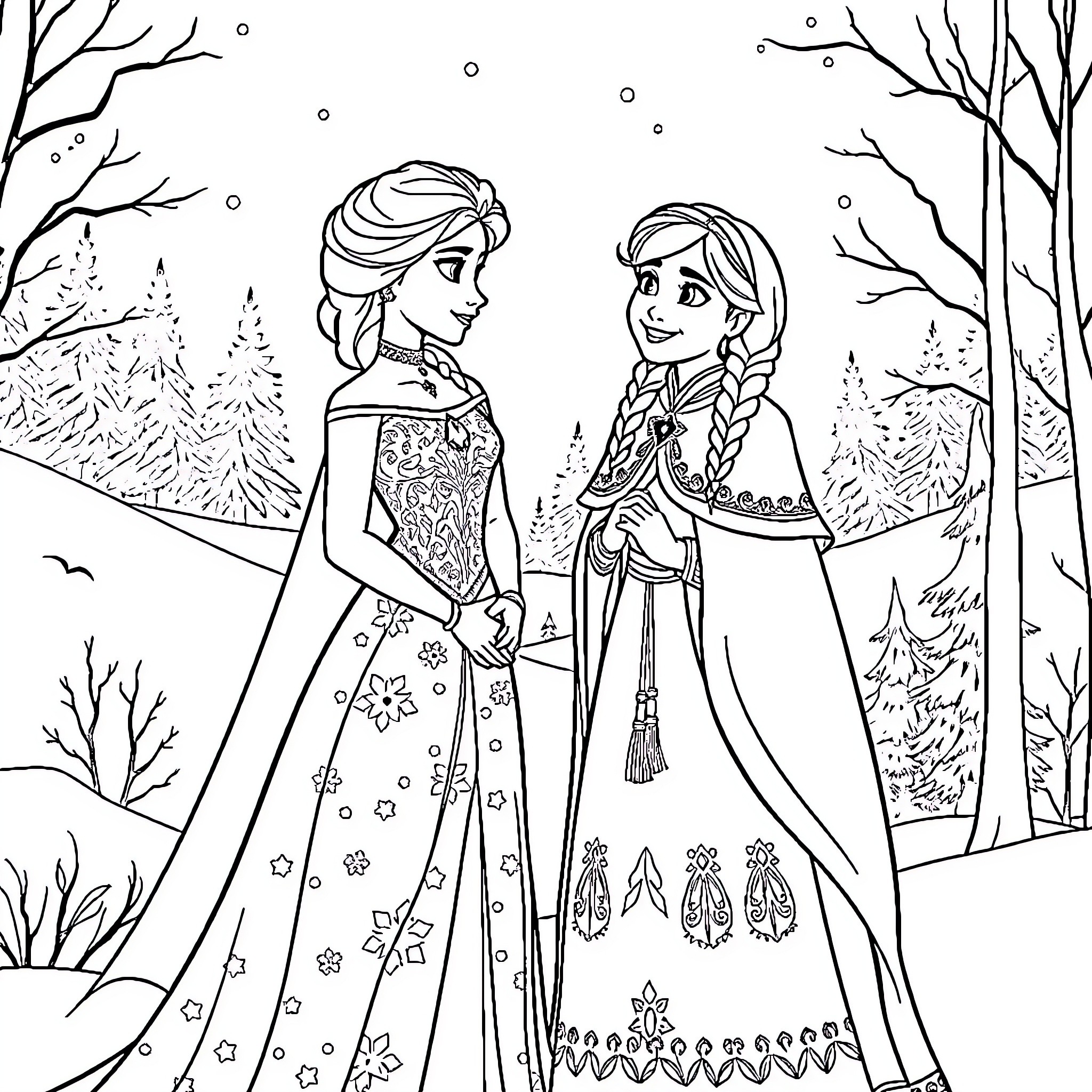 Elsa and Anna in a Snowy Winter Wonderland Coloring Page (free black-and-white line drawing printable PDF for all, from beginners to advanced learners, including children, teens, adults, and seniors)