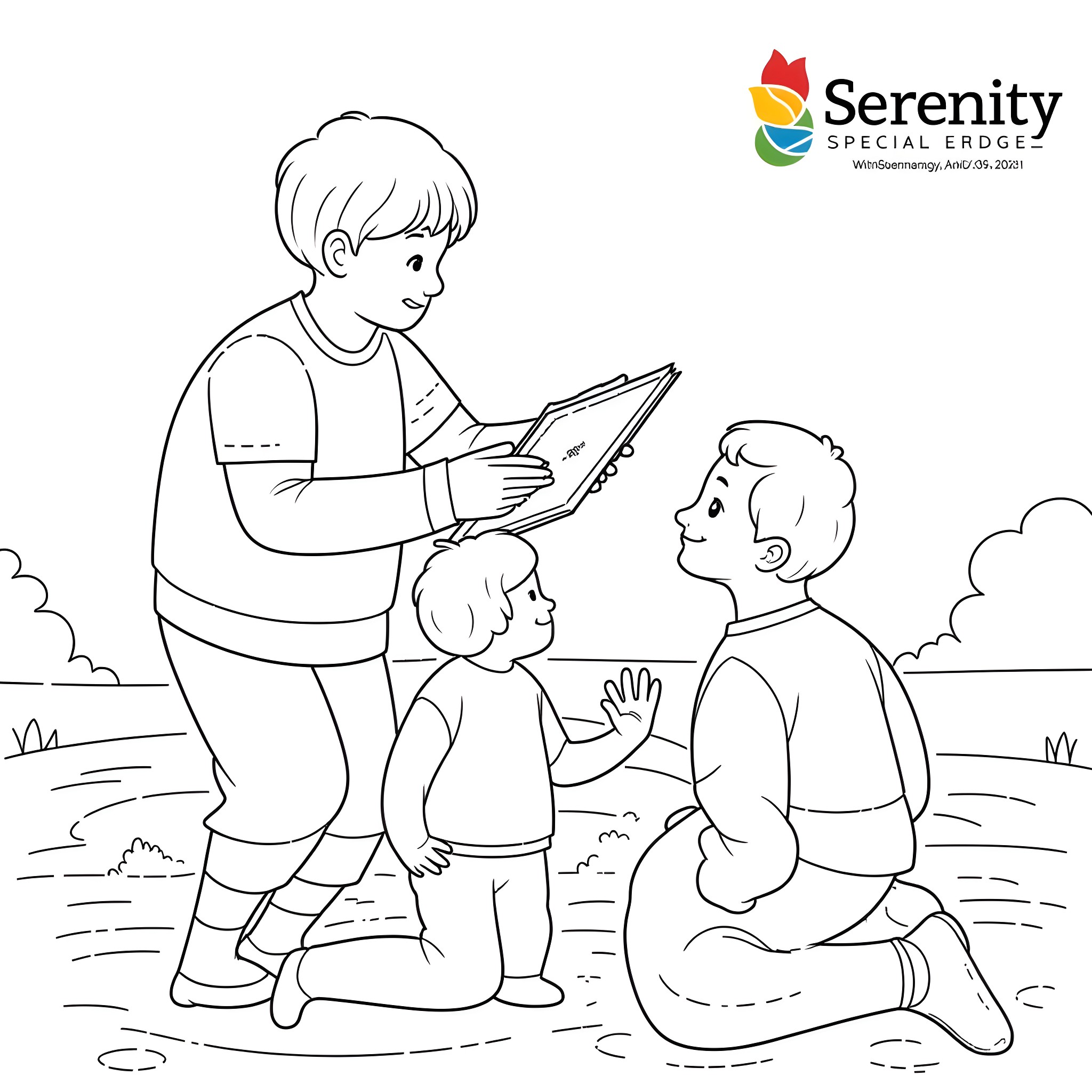 Autism - Children playing and interacting outdoors Coloring Page (free black-and-white line drawing printable PDF for all, from beginners to advanced learners, including children, teens, adults, and seniors)