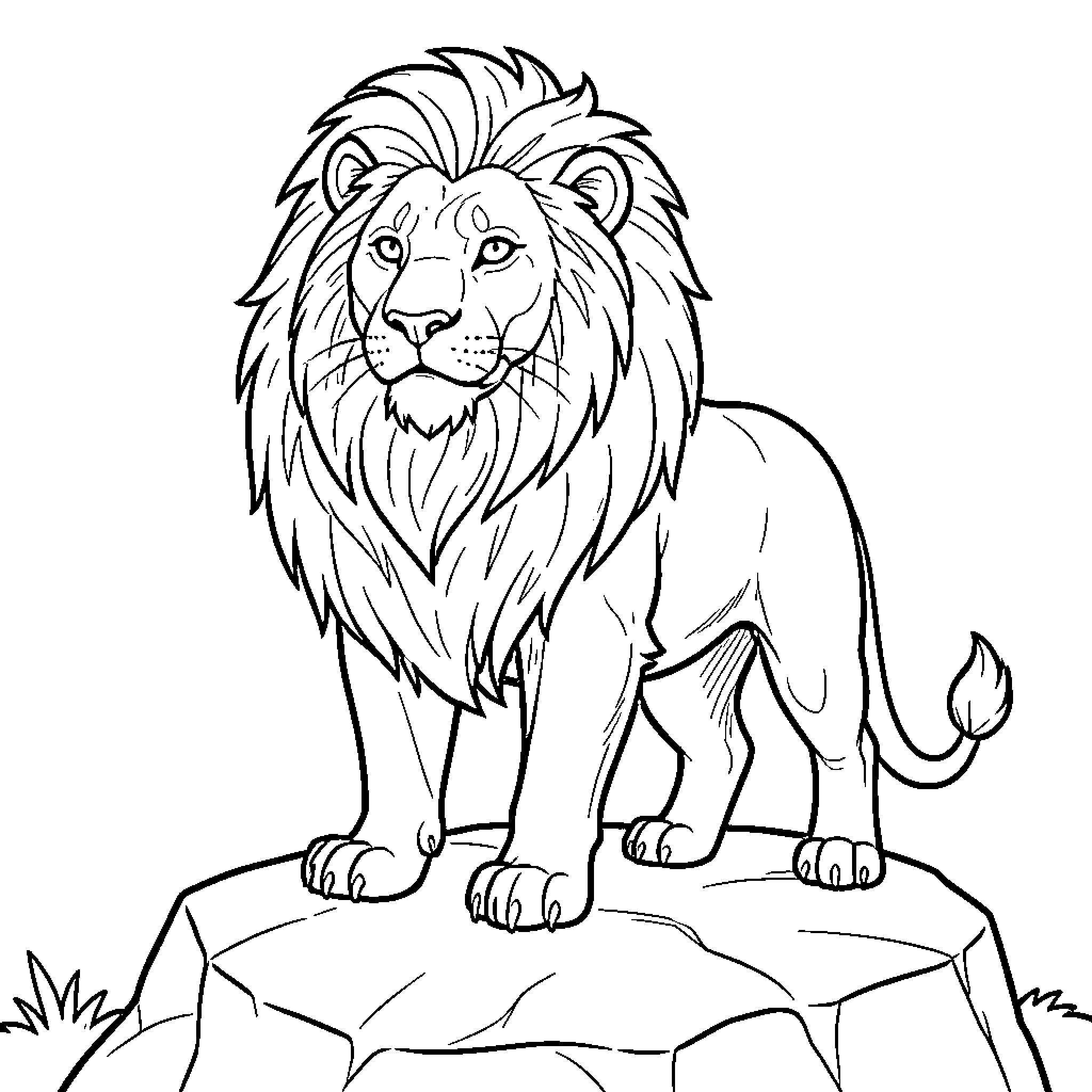 Lion standing alert on a rocky outcrop Coloring Page (free black-and-white line drawing printable PDF for all, from beginners to advanced learners, including children, teens, adults, and seniors)