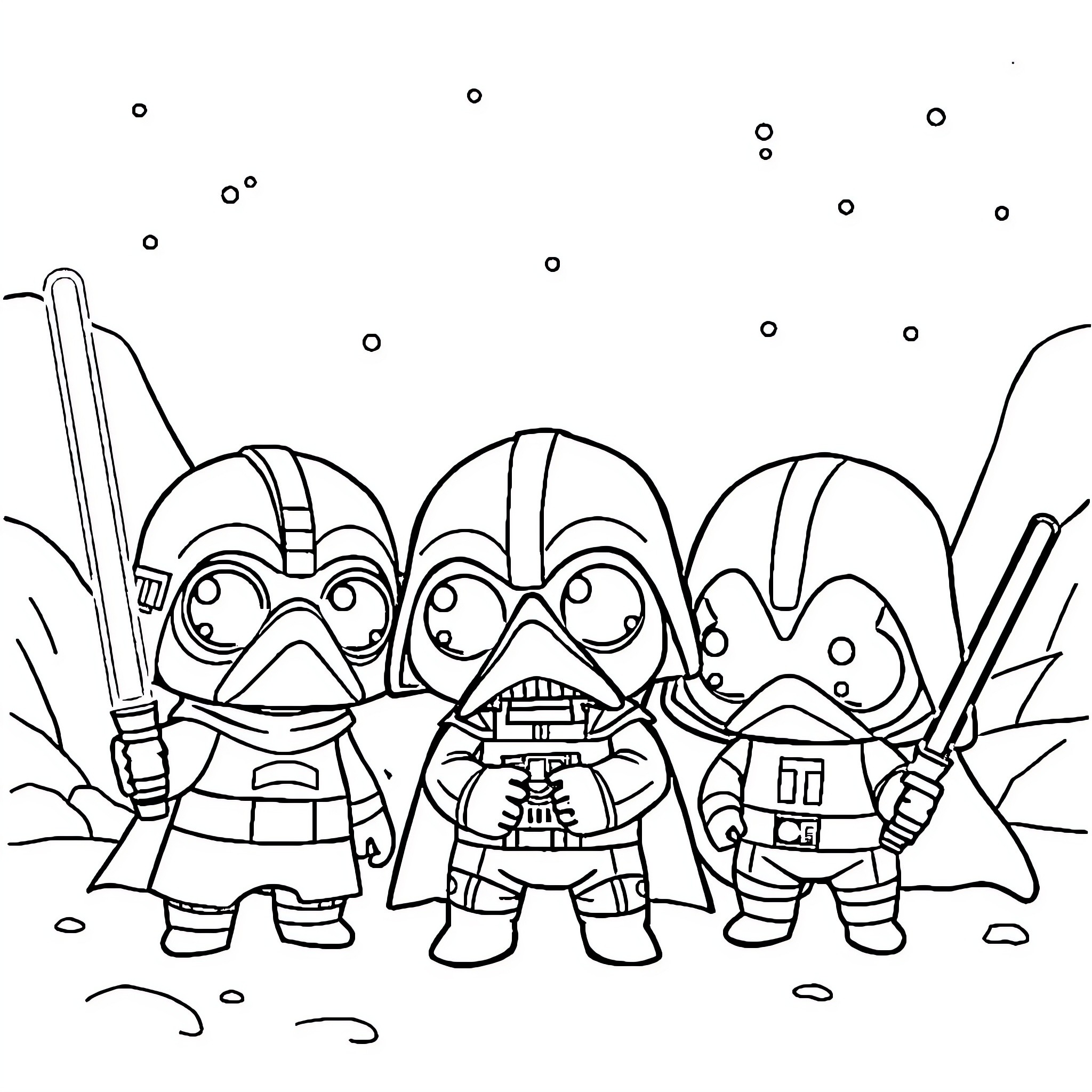 Star Wars - Cartoon Characters in Battle Gear Coloring Page (free black-and-white line drawing printable PDF for all, from beginners to advanced learners, including children, teens, adults, and seniors)
