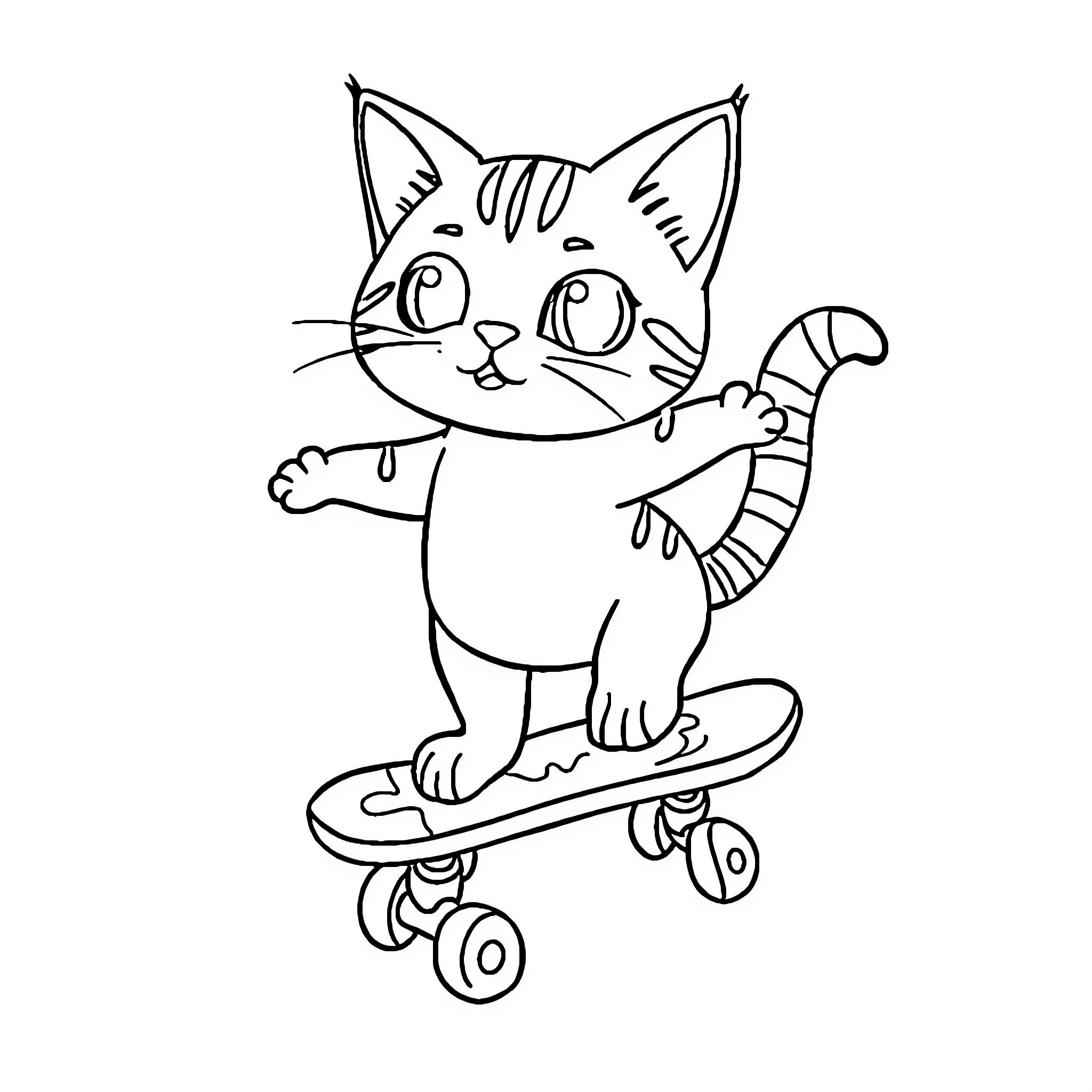 Cat riding a skateboard Coloring Page (free black-and-white line drawing printable PDF for all, from beginners to advanced learners, including children, teens, adults, and seniors)