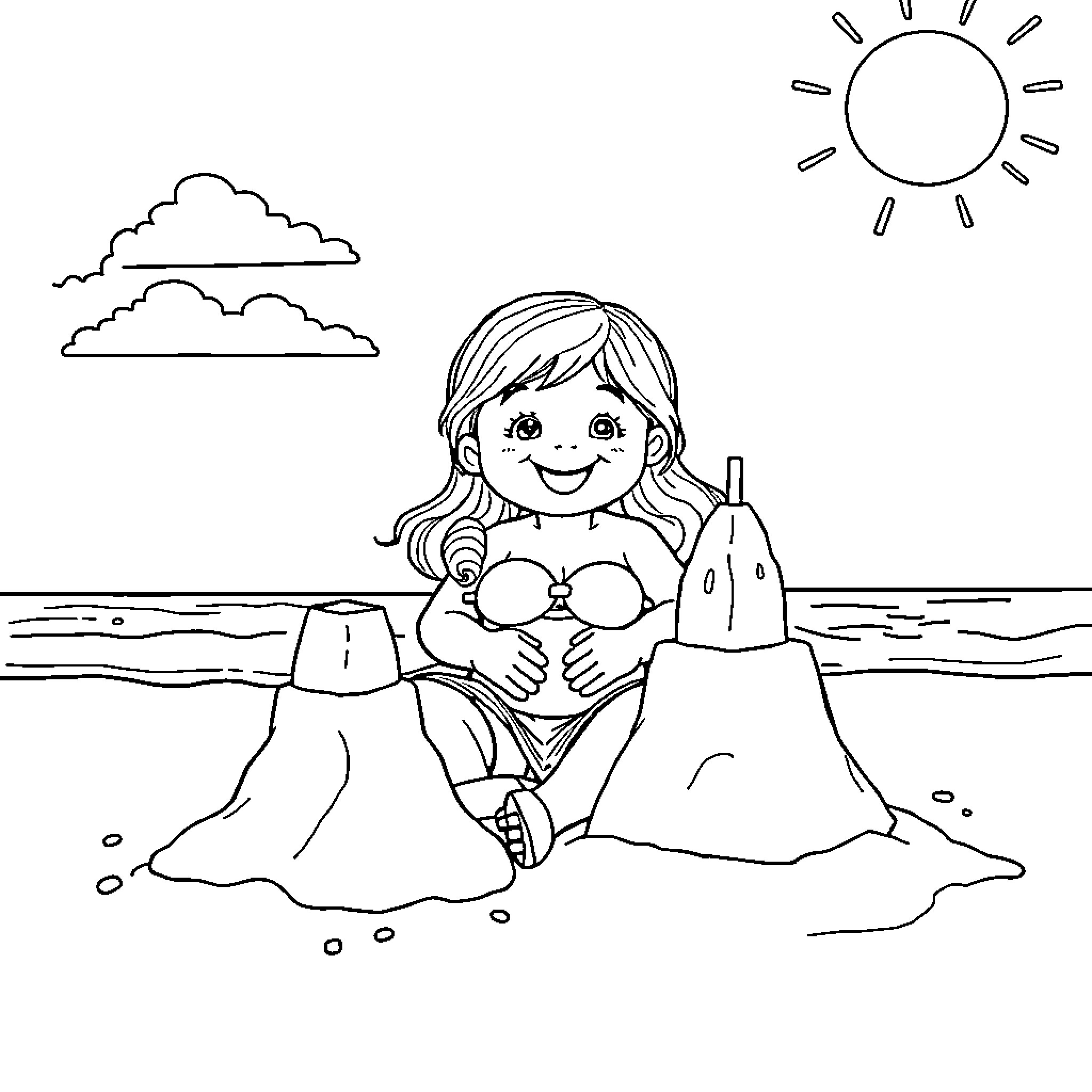 Girl playing joyfully on the beach Coloring Page (free black-and-white line drawing printable PDF for all, from beginners to advanced learners, including children, teens, adults, and seniors)