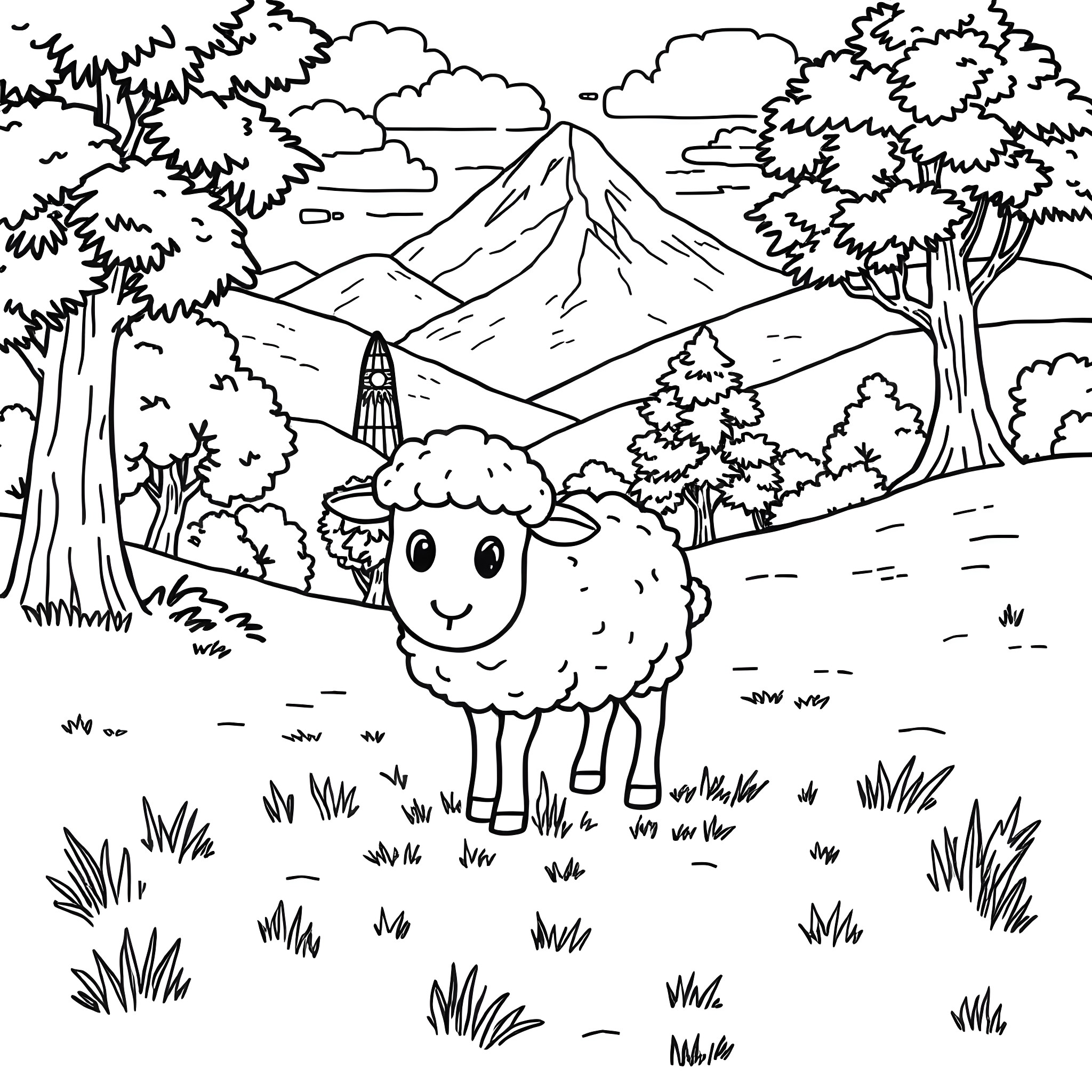 Sheep enjoying the scenic mountain landscape Coloring Page (free black-and-white line drawing printable PDF for all, from beginners to advanced learners, including children, teens, adults, and seniors)