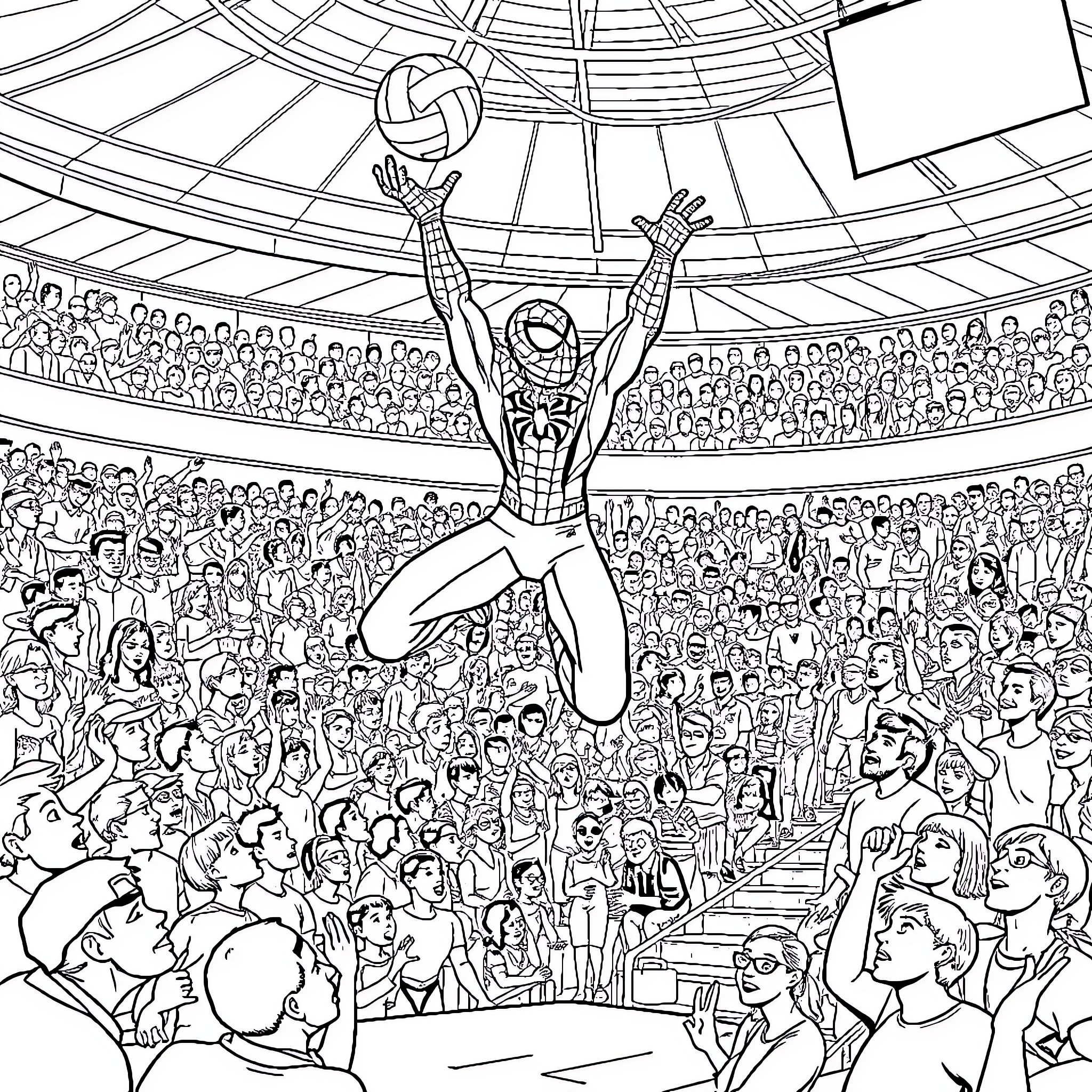 Spiderman Swinging Through a Crowded Stadium Coloring Page (free black-and-white line drawing printable PDF for all, from beginners to advanced learners, including children, teens, adults, and seniors)
