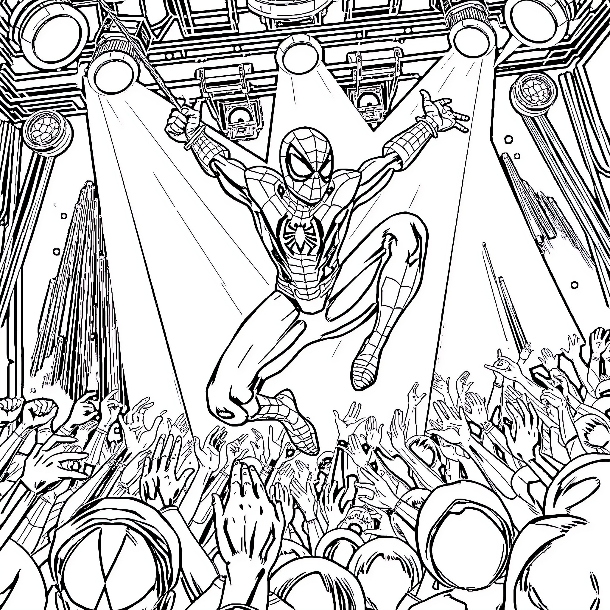 Spiderman heroically leaping above an adoring crowd Coloring Page (free black-and-white line drawing printable PDF for all, from beginners to advanced learners, including children, teens, adults, and seniors)