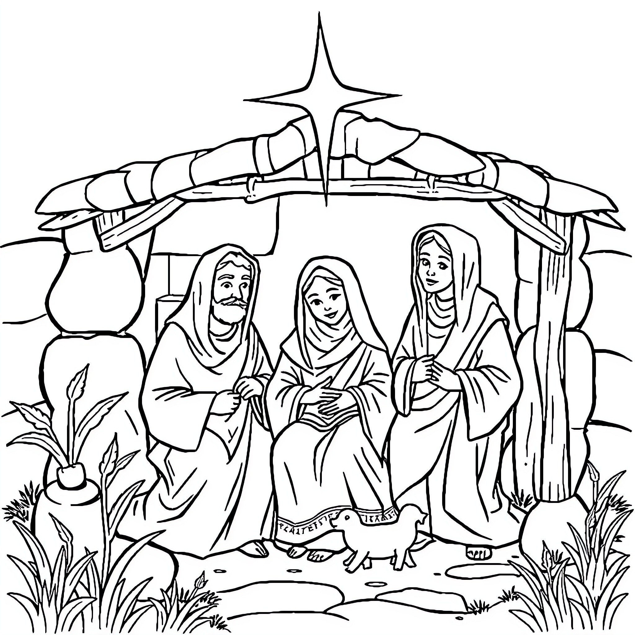Holy Family in a nativity scene Coloring Page (free black-and-white line drawing printable PDF for all, from beginners to advanced learners, including children, teens, adults, and seniors)