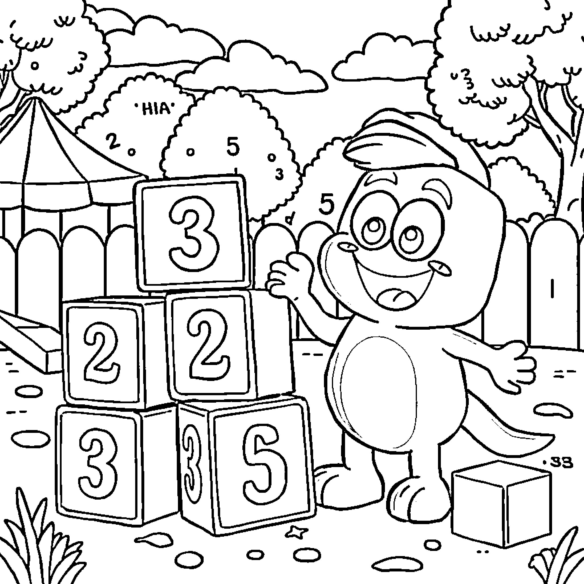 Number Blocks - Cartoon character playing with numbered cubes Coloring Page (free black-and-white line drawing printable PDF for all, from beginners to advanced learners, including children, teens, adults, and seniors)