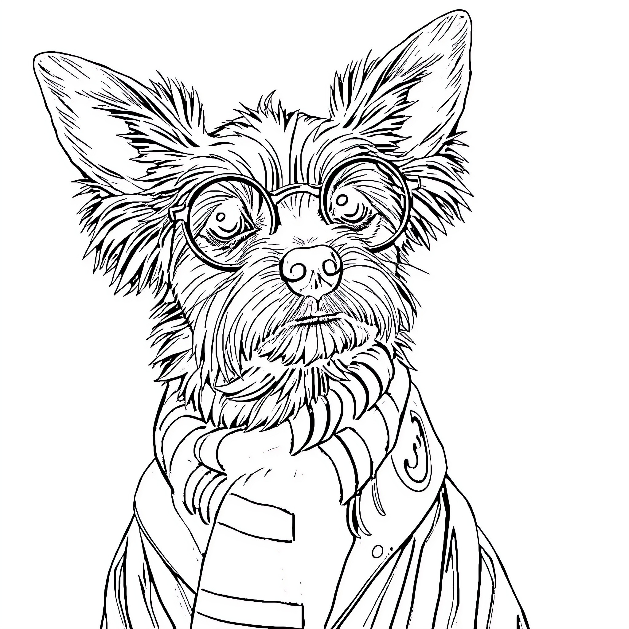 Teckel in Quirky Attire and Eyewear Coloring Page (free black-and-white line drawing printable PDF for all, from beginners to advanced learners, including children, teens, adults, and seniors)
