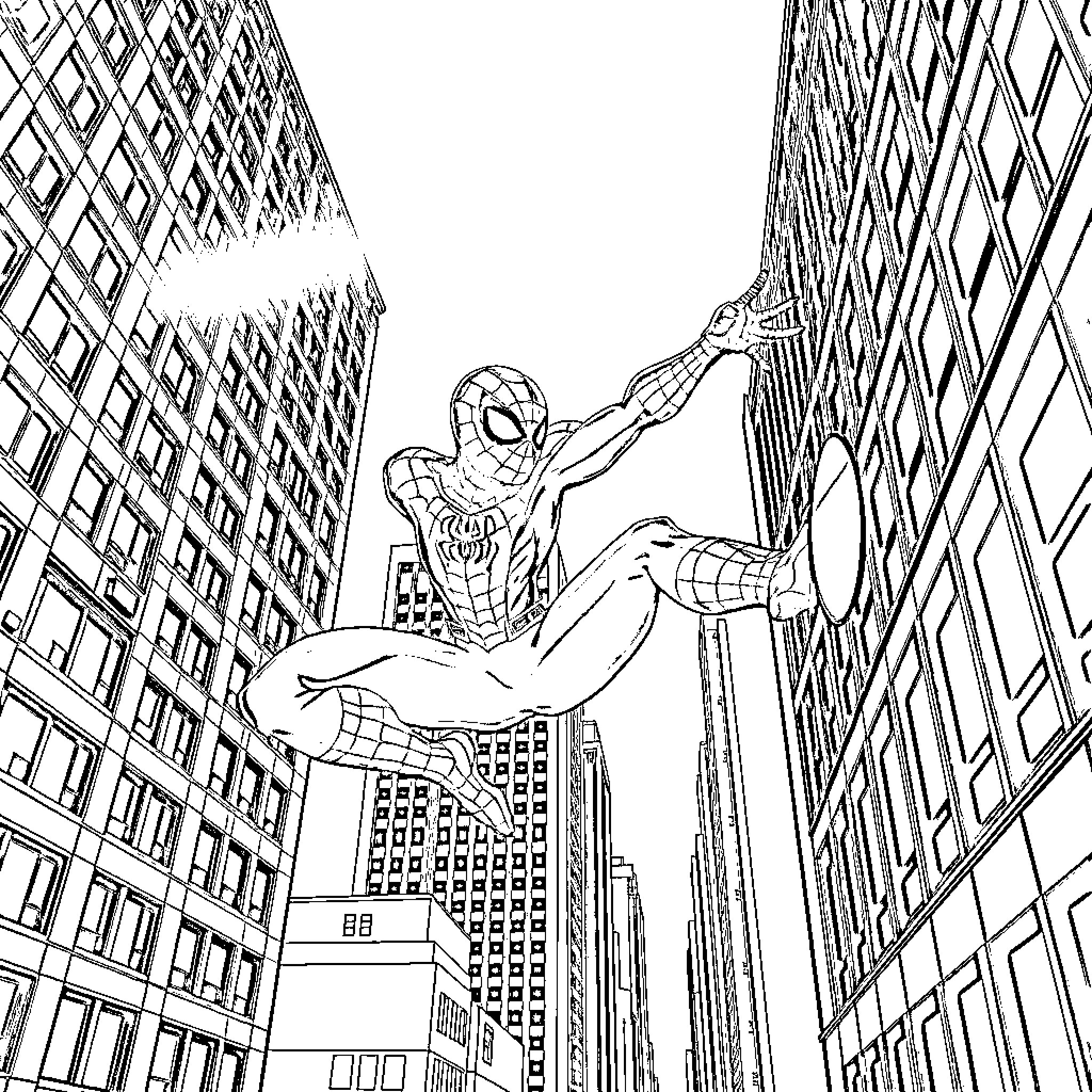 Spider-Man leaping between towering skyscrapers Coloring Page (free black-and-white line drawing printable PDF for all, from beginners to advanced learners, including children, teens, adults, and seniors)