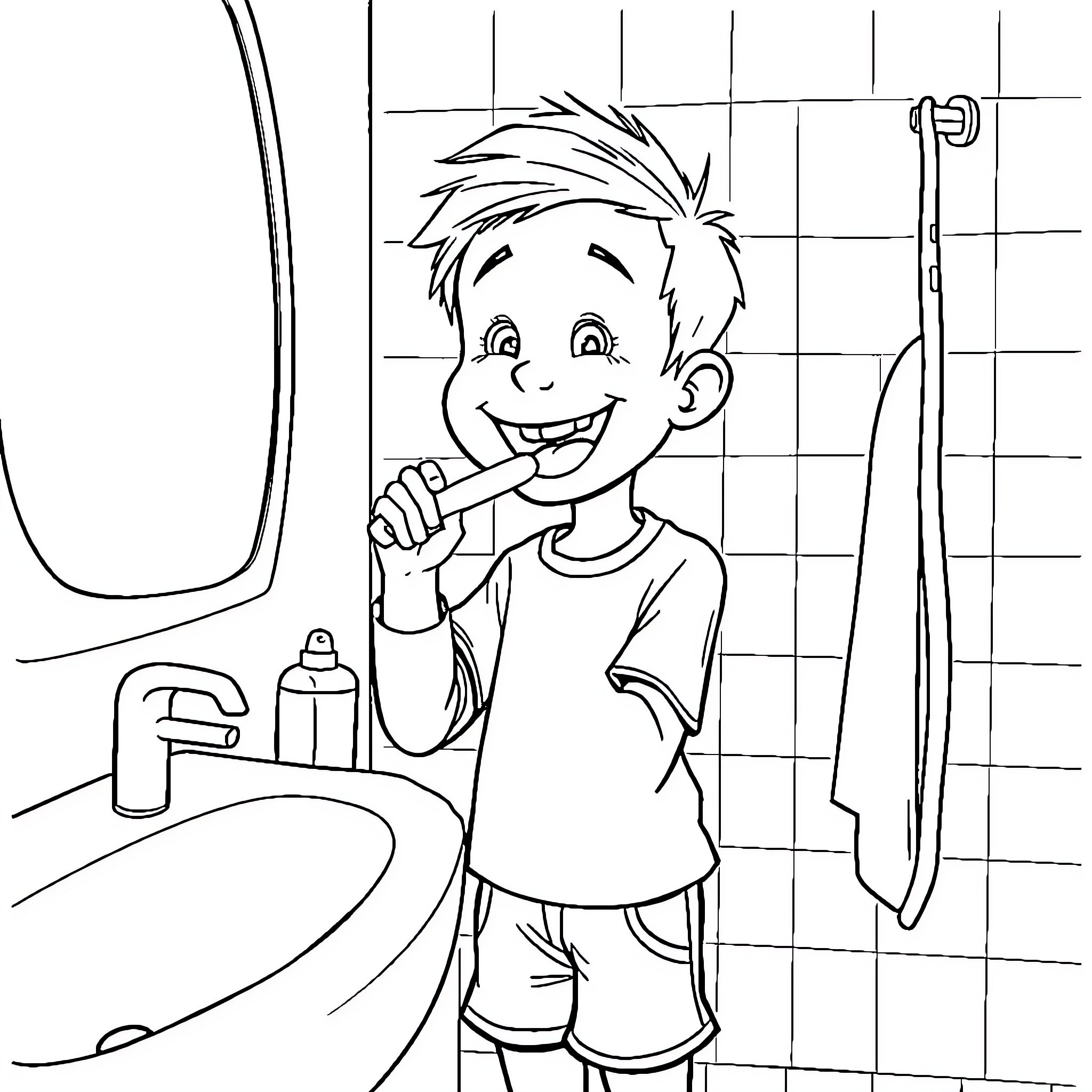 Kid brushing teeth happily in the bathroom Coloring Page (free black-and-white line drawing printable PDF for all, from beginners to advanced learners, including children, teens, adults, and seniors)