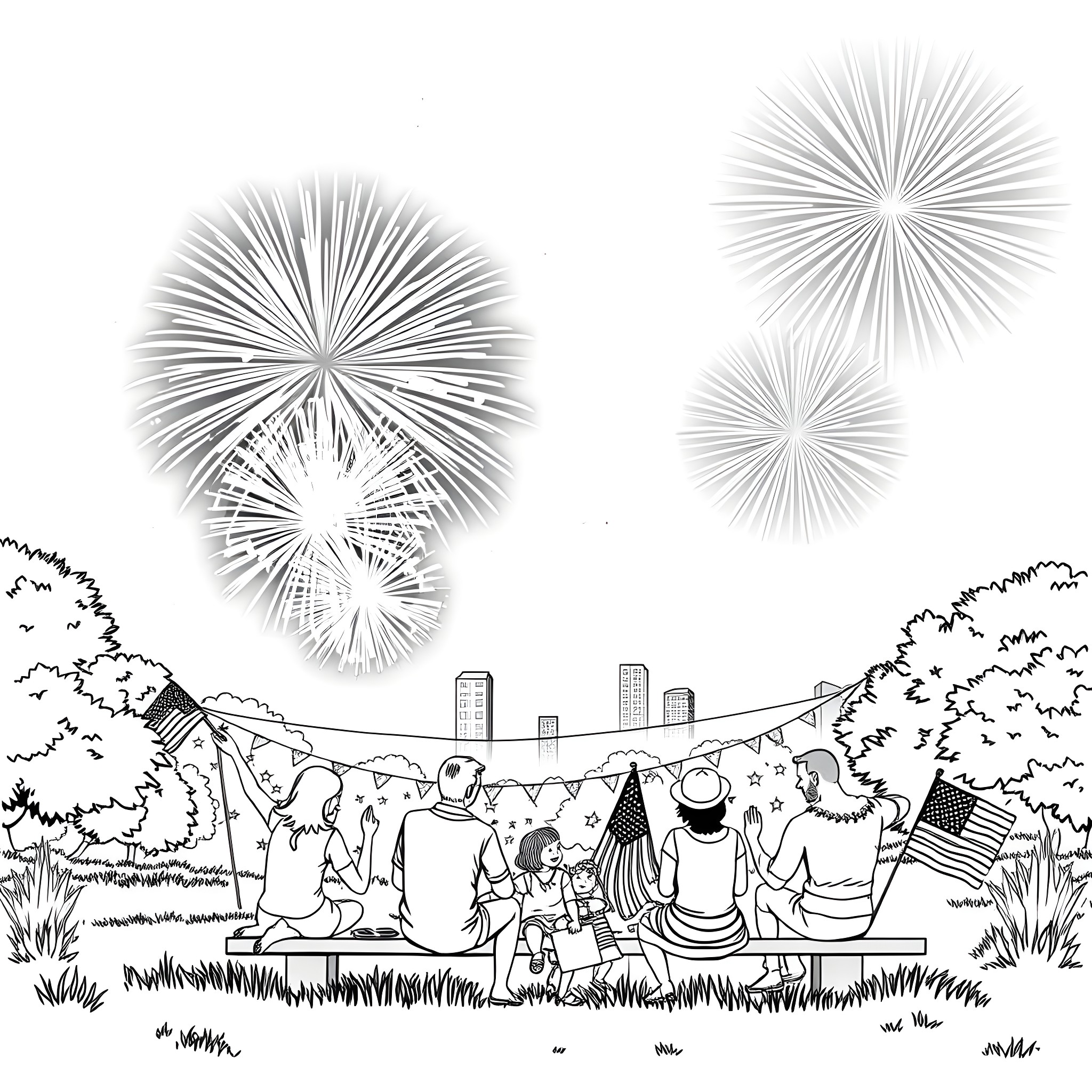 4th Of July Community Celebration with Fireworks Coloring Page (free black-and-white line drawing printable PDF for all, from beginners to advanced learners, including children, teens, adults, and seniors)
