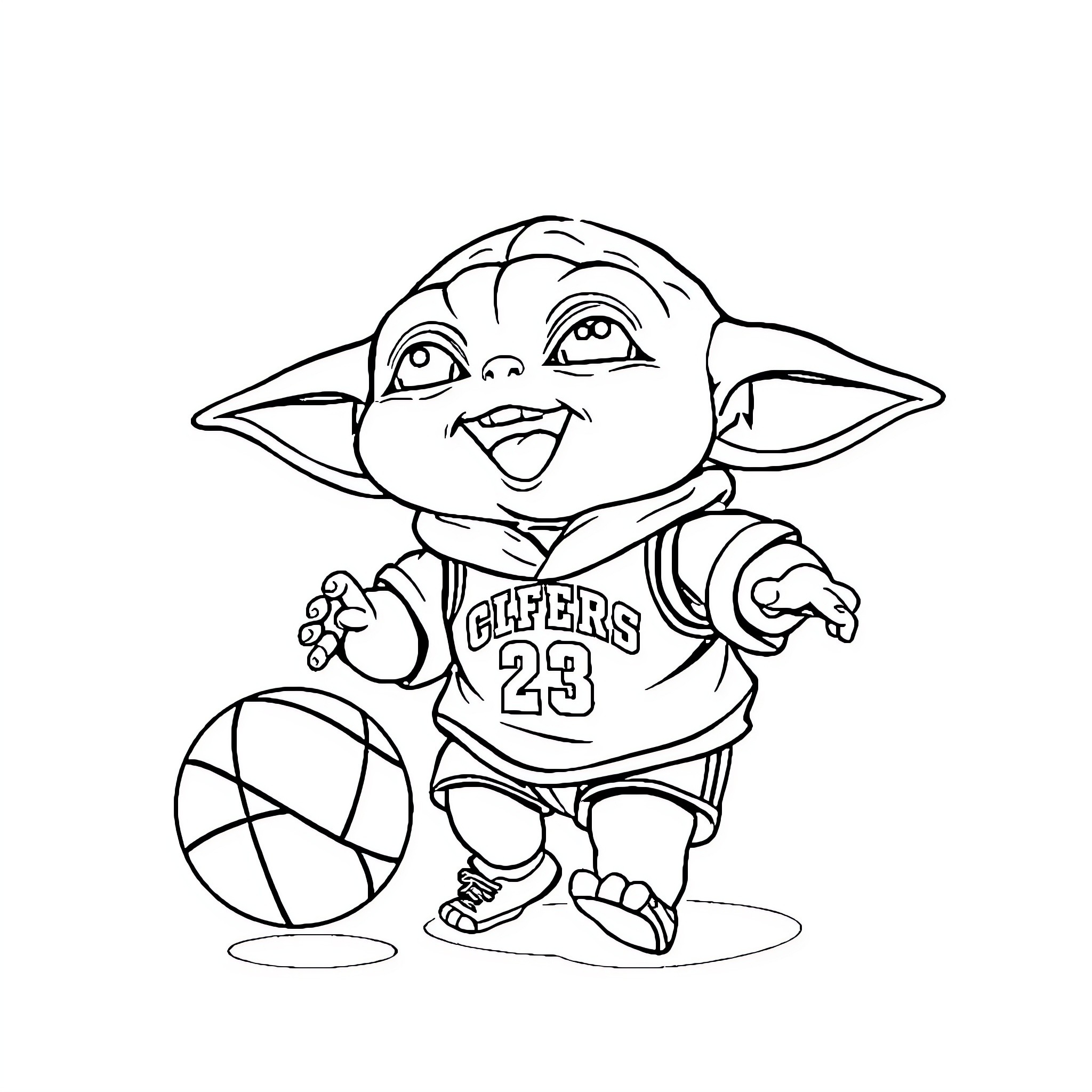Baby Yoda Playing Basketball in Sports Uniform Coloring Page (free black-and-white line drawing printable PDF for all, from beginners to advanced learners, including children, teens, adults, and seniors)