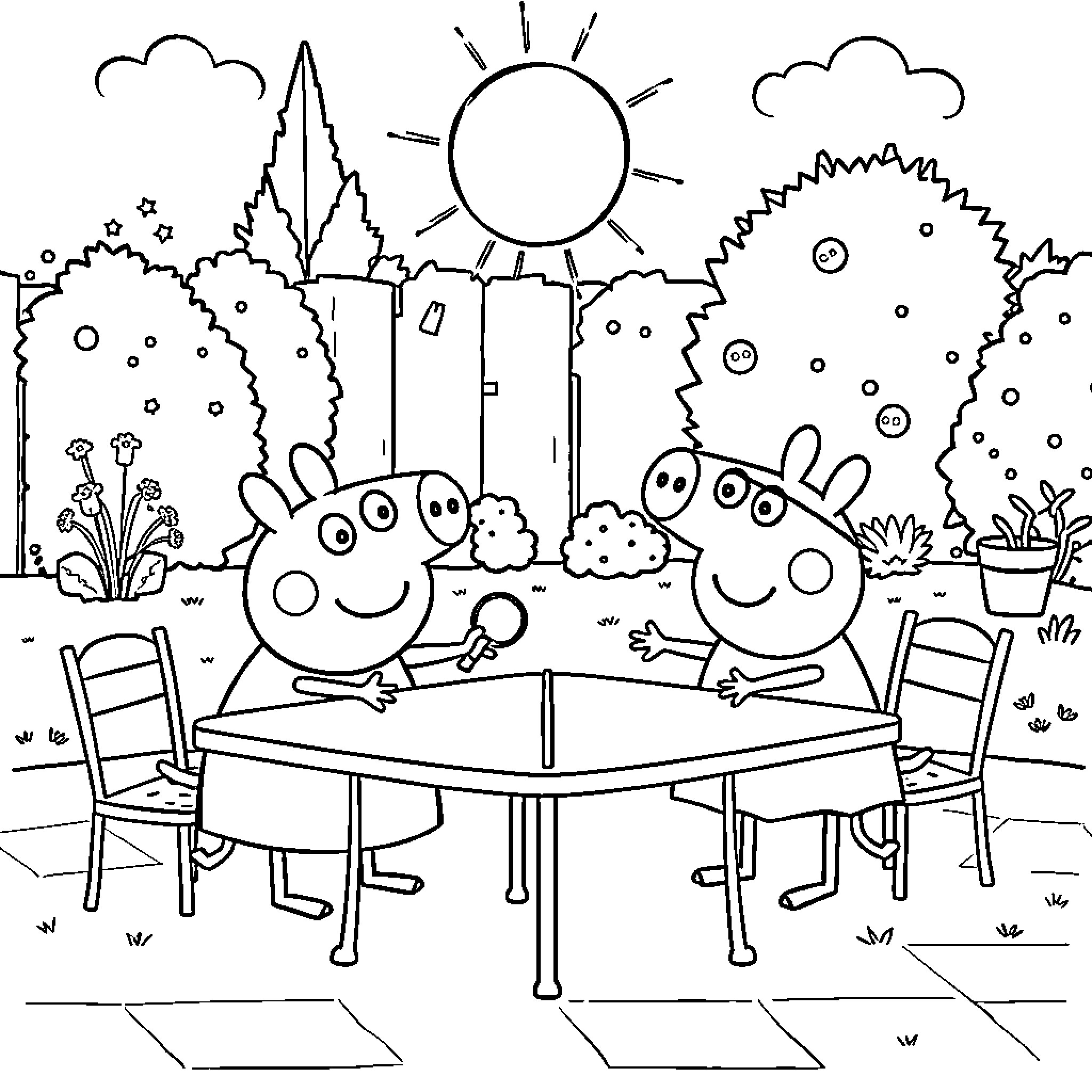 Bluey and friends enjoying a picnic in nature Coloring Page (free black-and-white line drawing printable PDF for all, from beginners to advanced learners, including children, teens, adults, and seniors)
