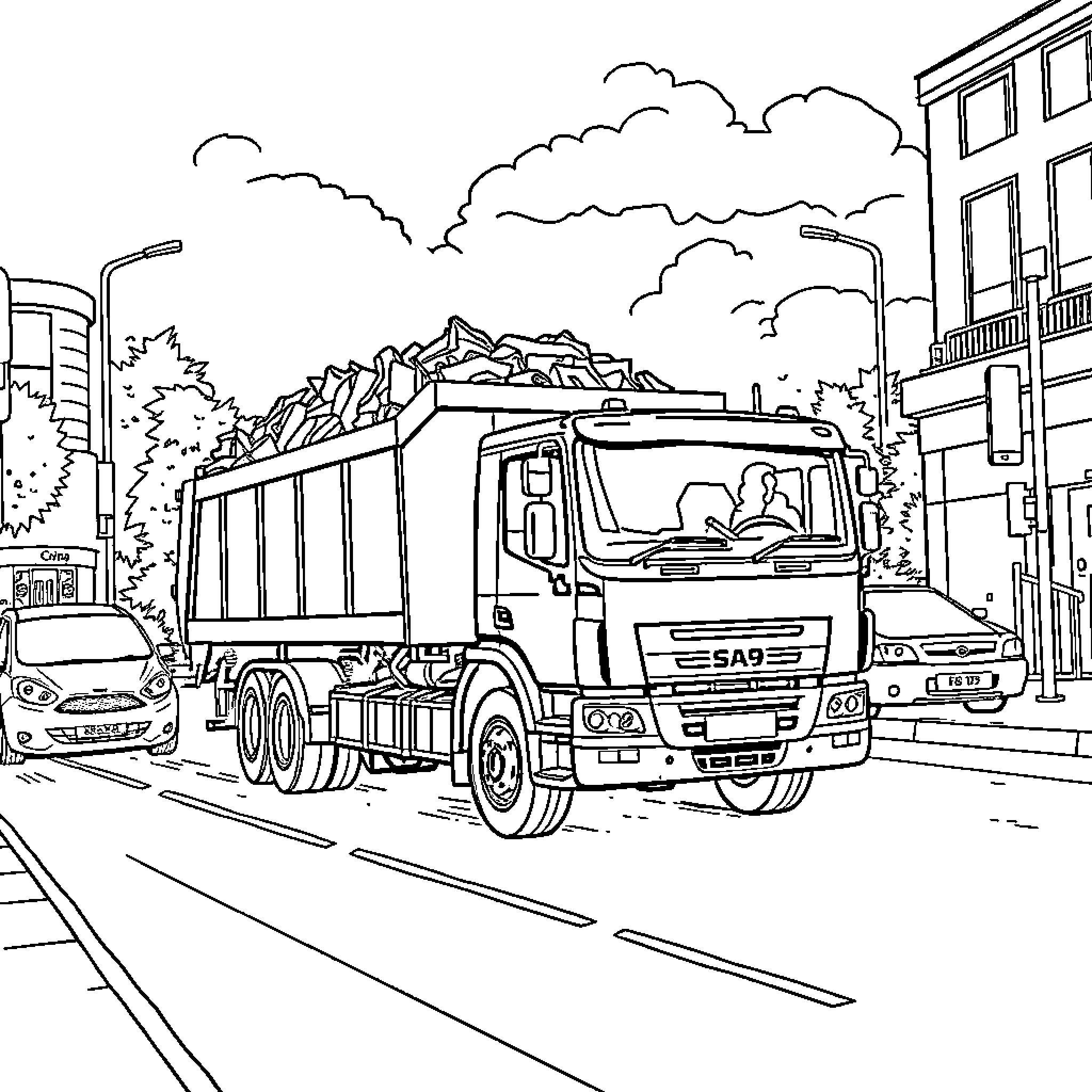 Lorry hauling debris in urban street scene Coloring Page (free black-and-white line drawing printable PDF for all, from beginners to advanced learners, including children, teens, adults, and seniors)