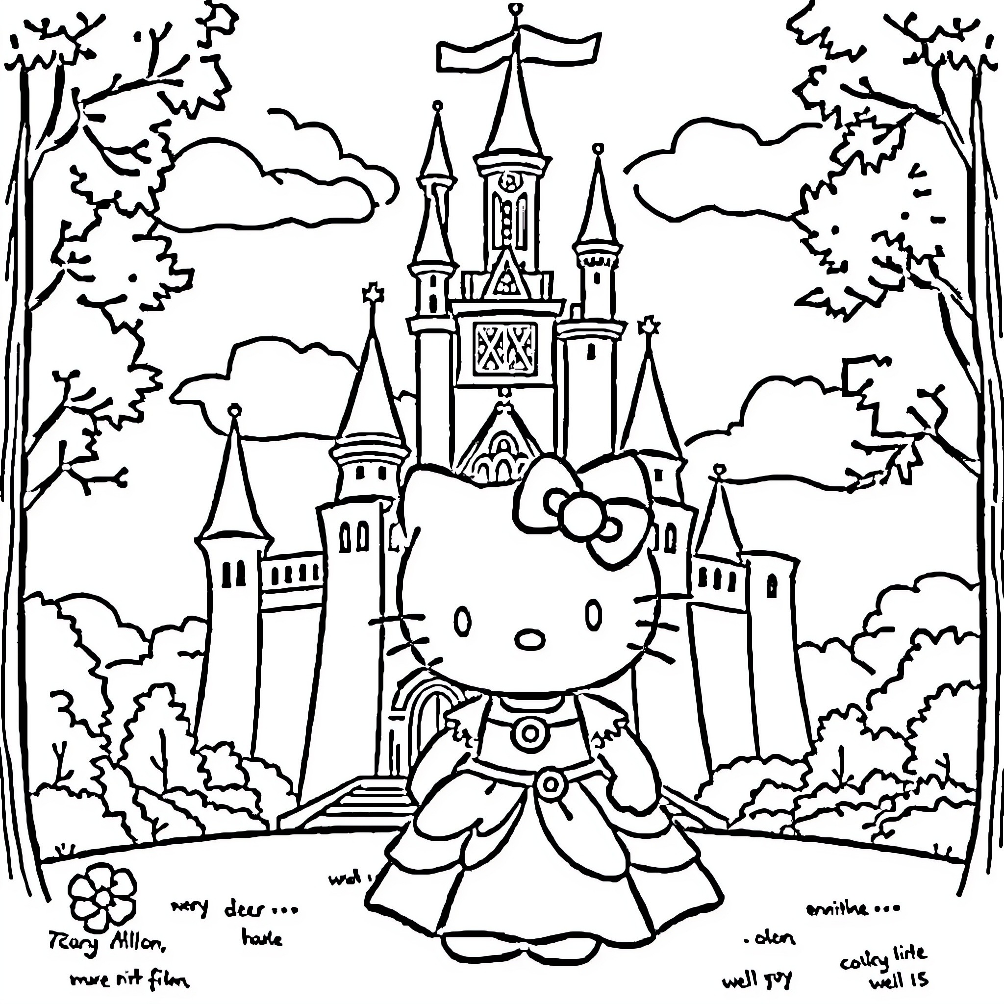 Hello Kitty in a Fairytale Castle Coloring Page (free black-and-white line drawing printable PDF for all, from beginners to advanced learners, including children, teens, adults, and seniors)