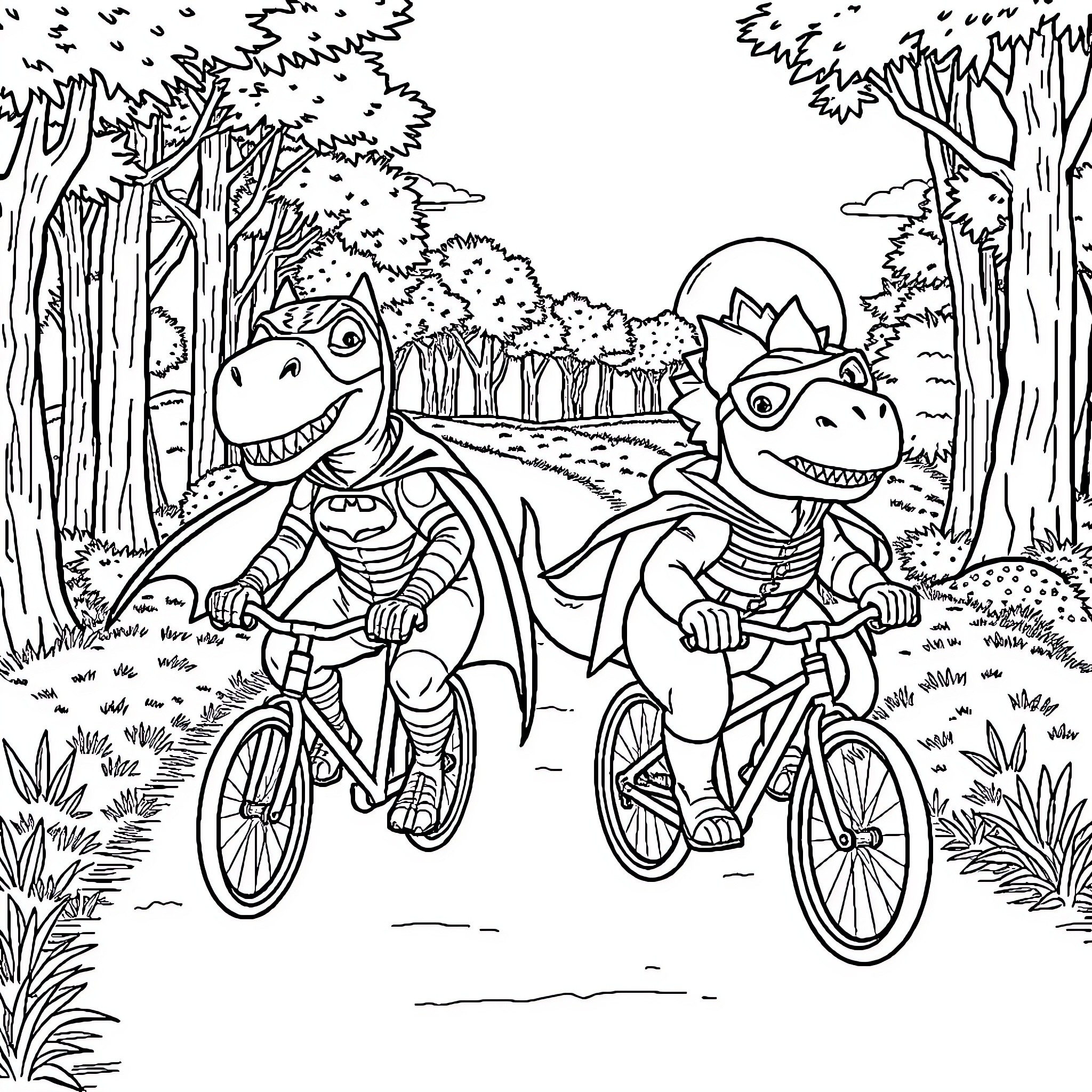 Dinosaurs riding bicycles in a forest Coloring Page (free black-and-white line drawing printable PDF for all, from beginners to advanced learners, including children, teens, adults, and seniors)