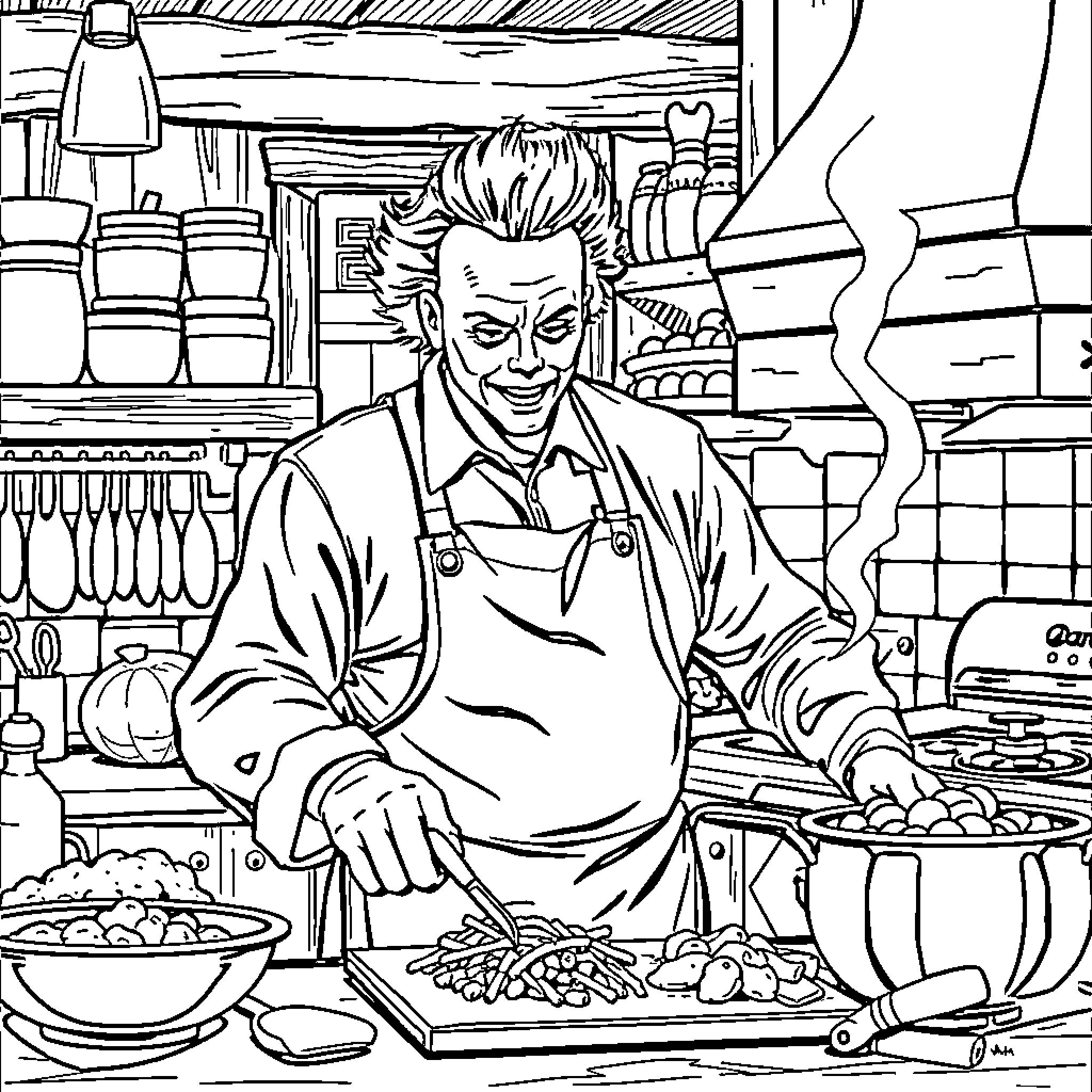 Michael Myers Cooking in the Kitchen Coloring Page (free black-and-white line drawing printable PDF for all, from beginners to advanced learners, including children, teens, adults, and seniors)