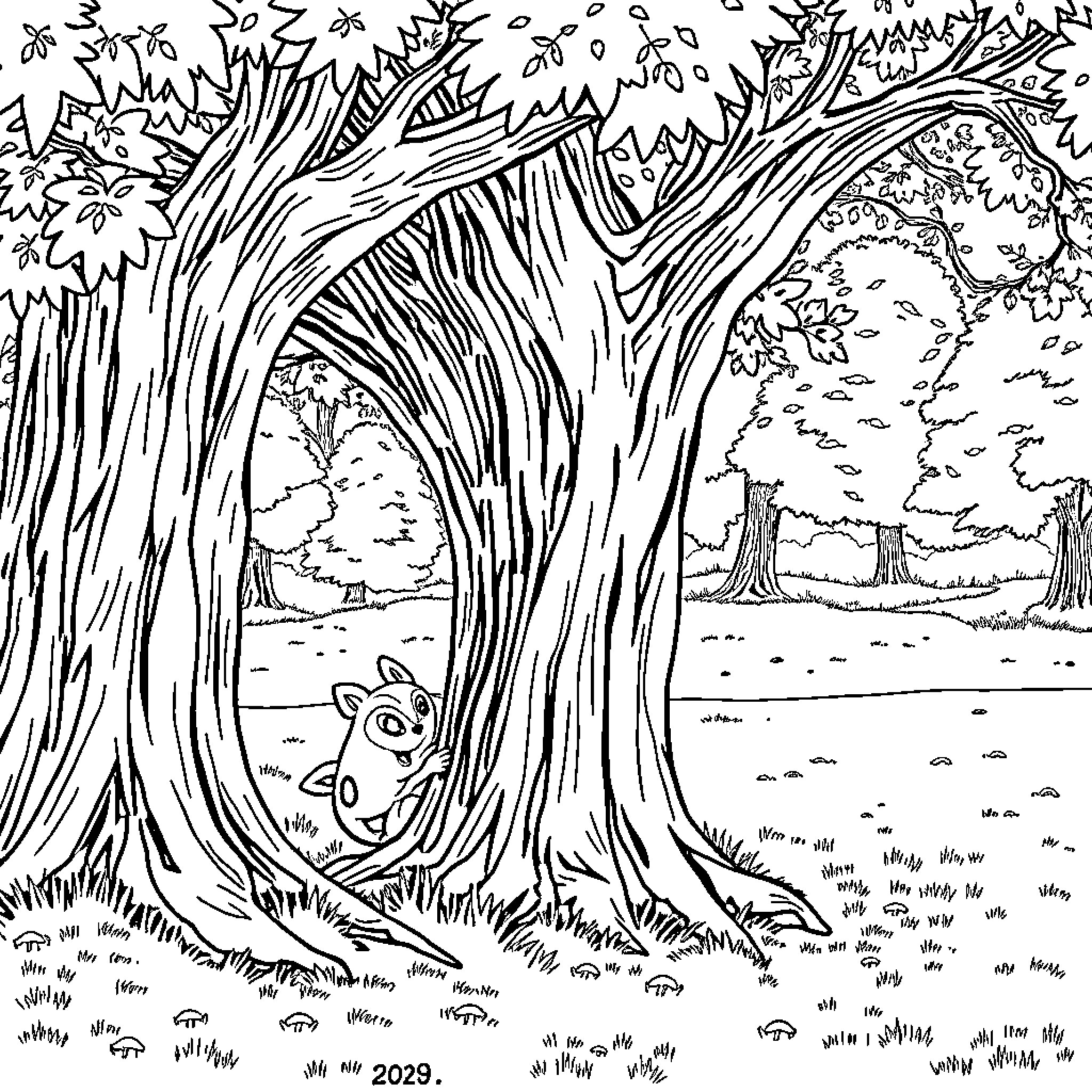 Huntrix in a Whimsical Woodland Retreat Coloring Page (free black-and-white line drawing printable PDF for all, from beginners to advanced learners, including children, teens, adults, and seniors)