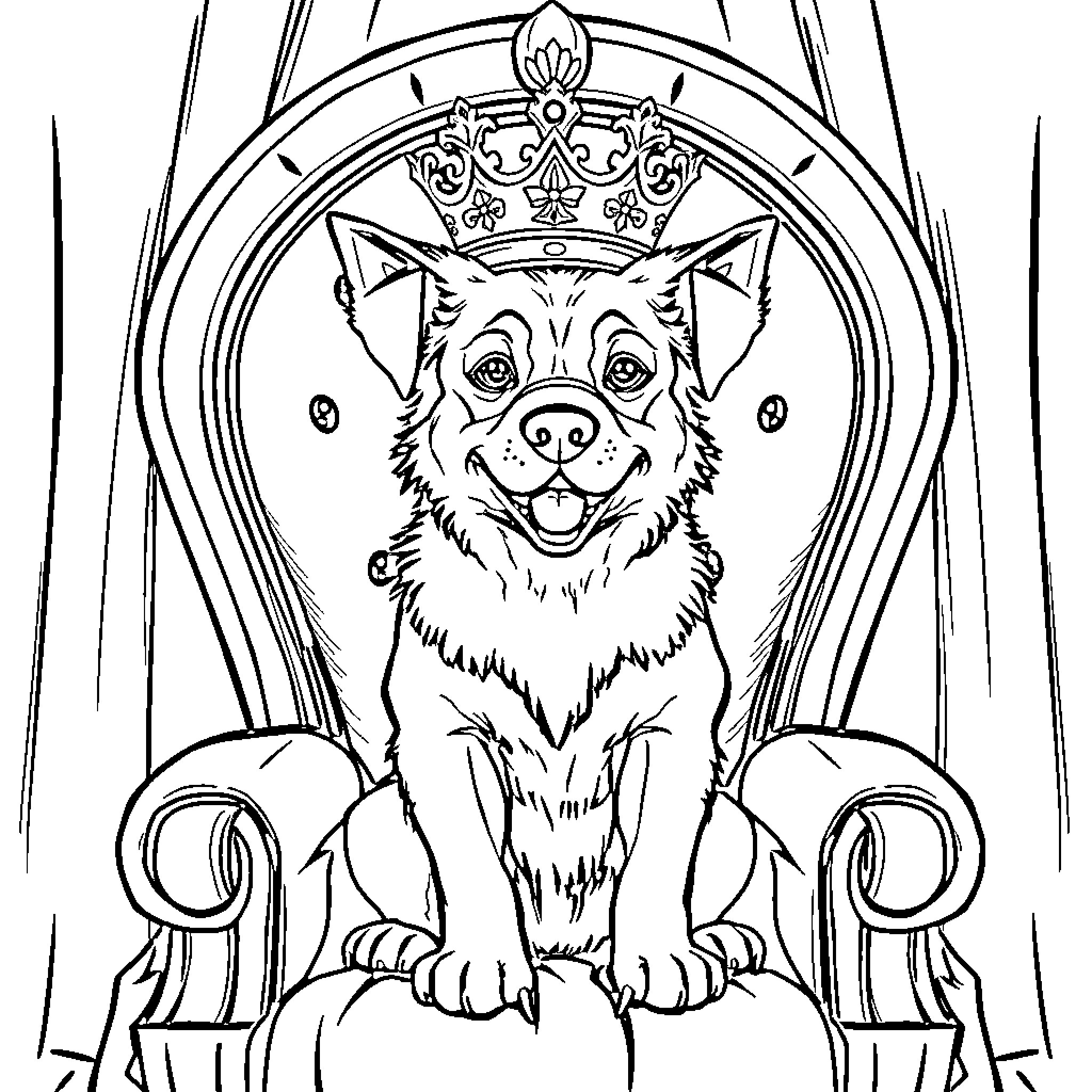 Dog wearing a royal crown on a throne Coloring Page (free black-and-white line drawing printable PDF for all, from beginners to advanced learners, including children, teens, adults, and seniors)