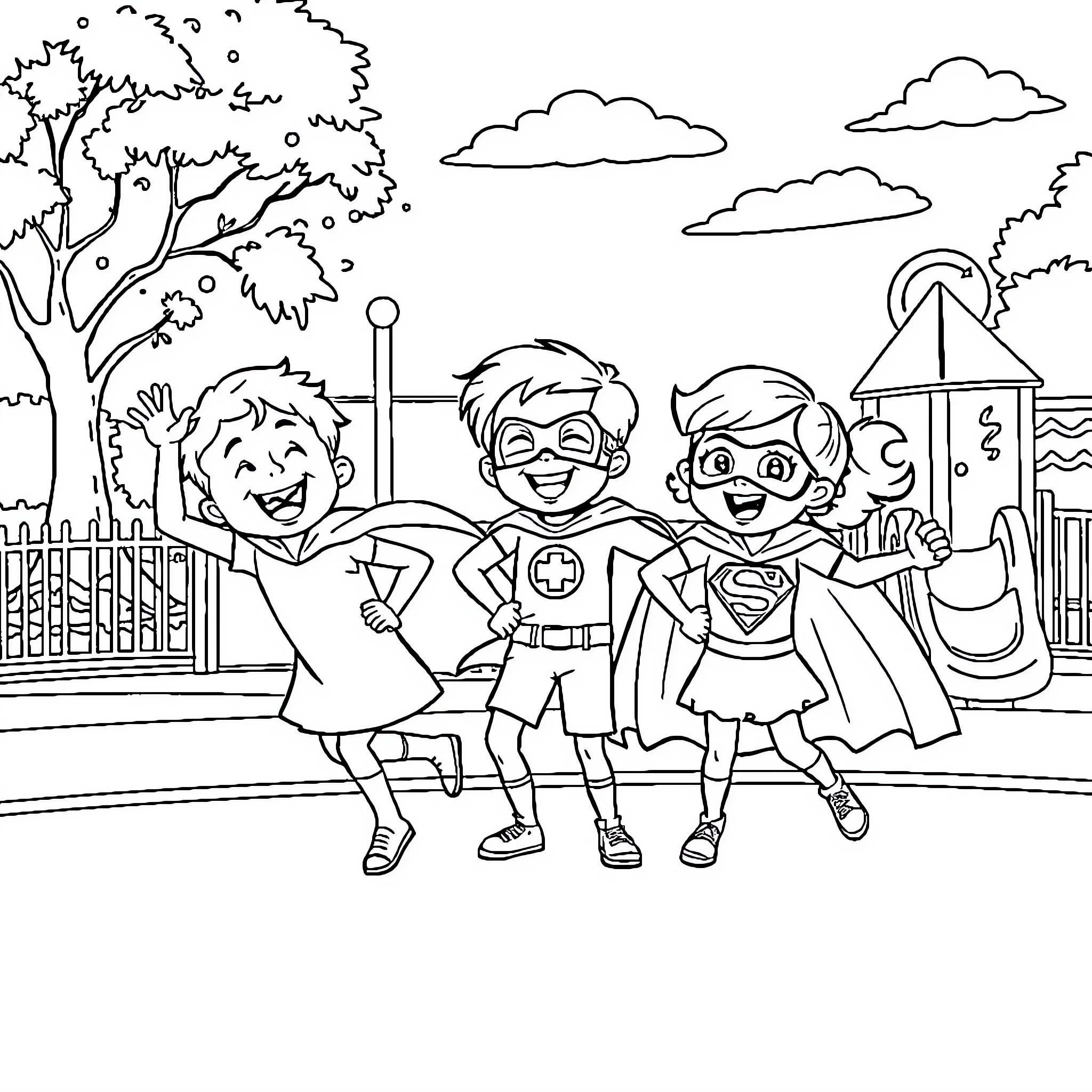 Child Superheroes Playing Happily Outdoors Coloring Page (free black-and-white line drawing printable PDF for all, from beginners to advanced learners, including children, teens, adults, and seniors)