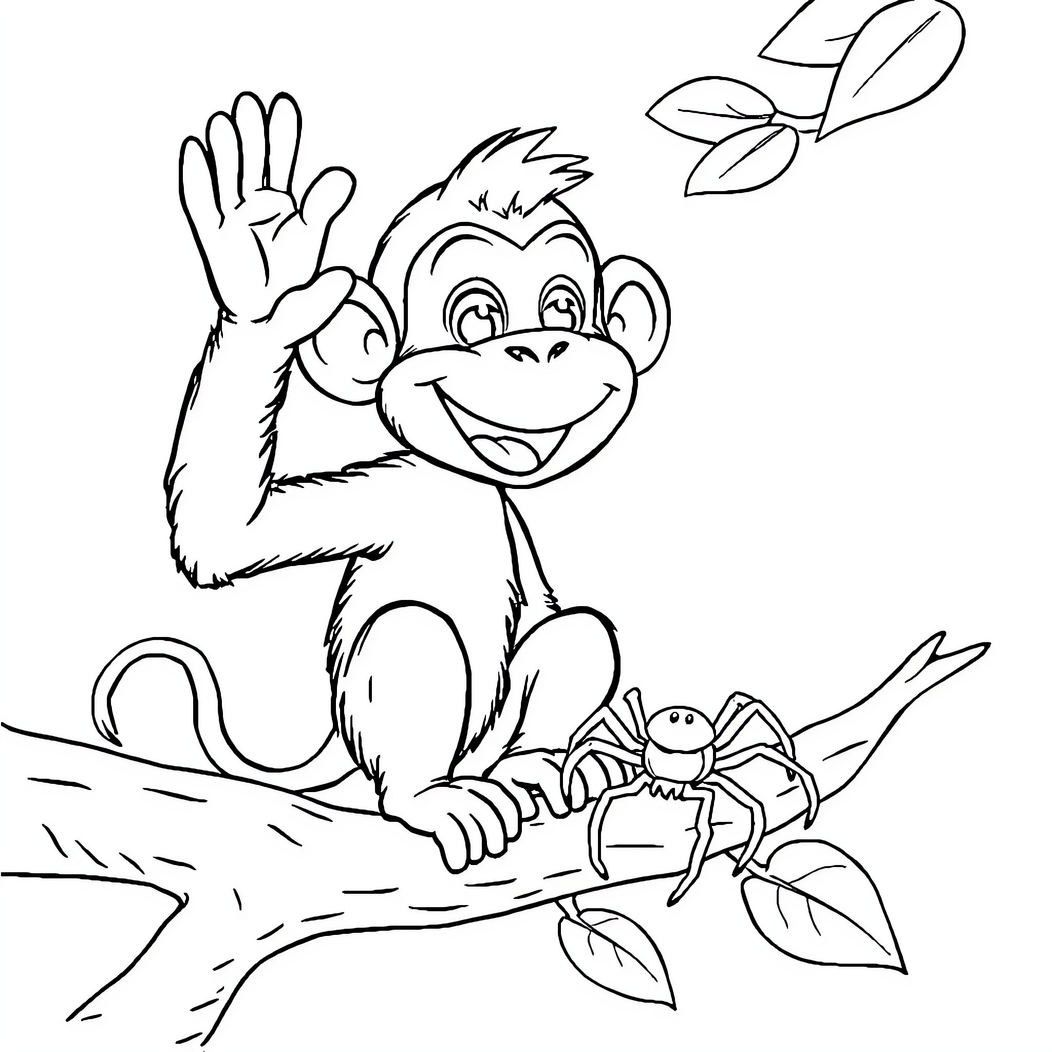 Monkey waving happily at butterfly friend Coloring Page (free black-and-white line drawing printable PDF for all, from beginners to advanced learners, including children, teens, adults, and seniors)