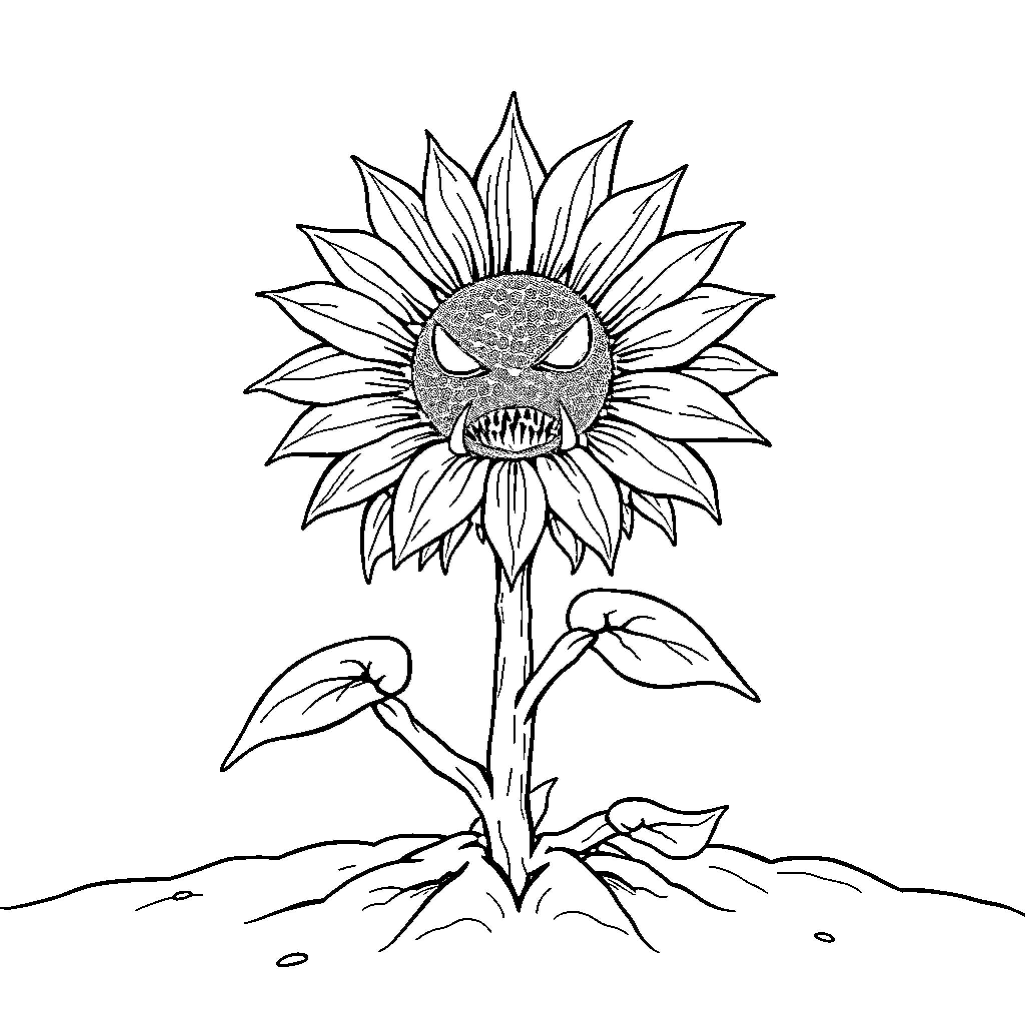 Sunflower with a monstrous expression Coloring Page (free black-and-white line drawing printable PDF for all, from beginners to advanced learners, including children, teens, adults, and seniors)