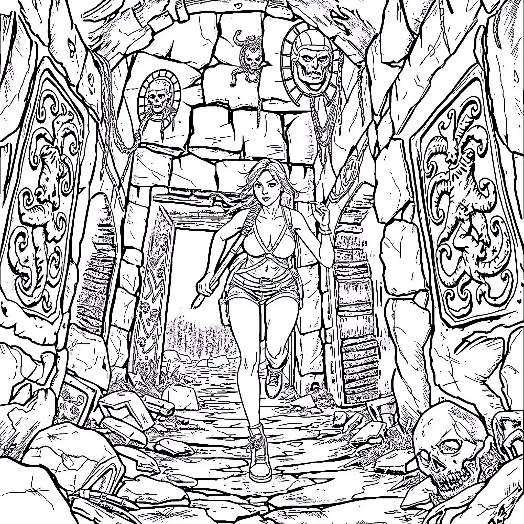 Lara Croft exploring a mysterious ancient ruin Coloring Page (free black-and-white line drawing printable PDF for all, from beginners to advanced learners, including children, teens, adults, and seniors)
