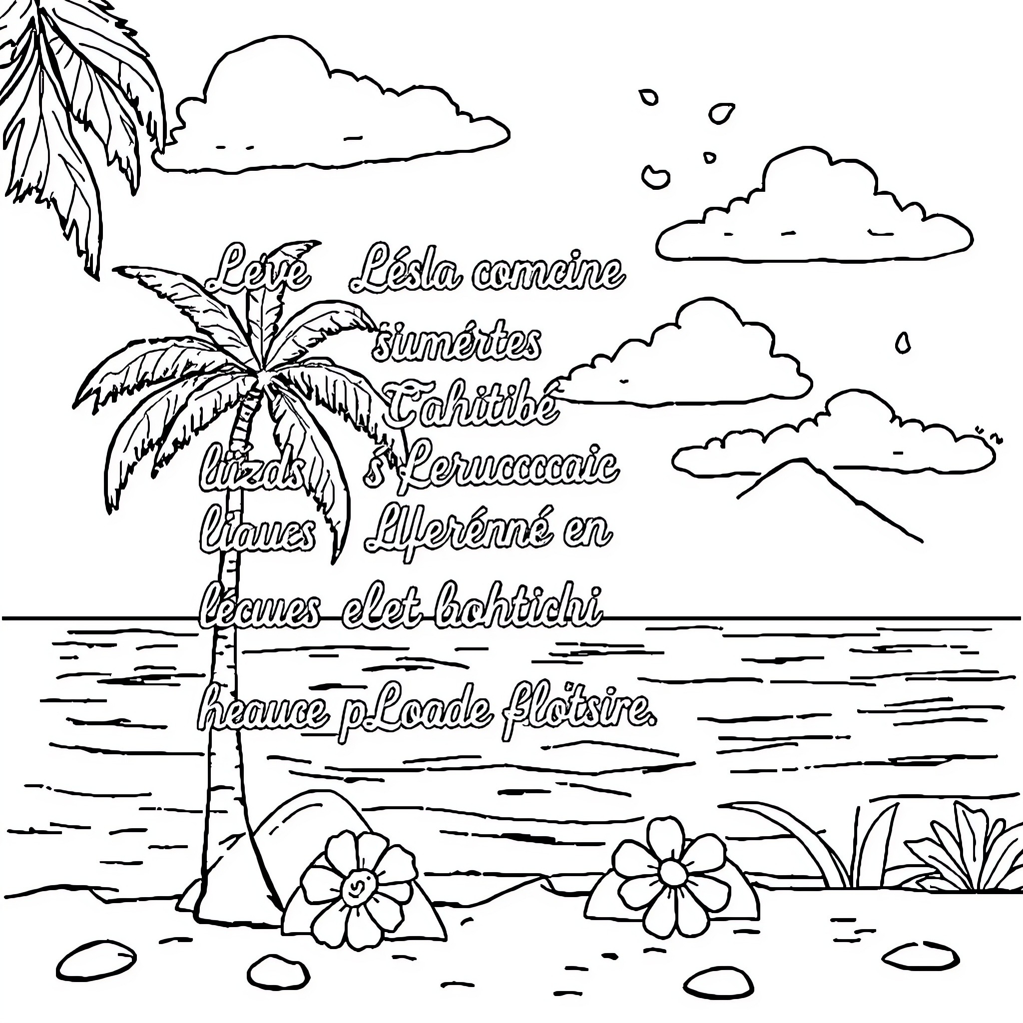 Days of summer vacation by the beach Coloring Page (free black-and-white line drawing printable PDF for all, from beginners to advanced learners, including children, teens, adults, and seniors)