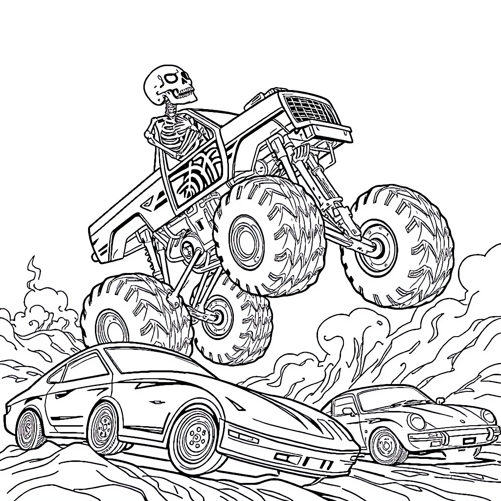 Skeleton Monster Truck Crushing Vehicles in Chaos Coloring Page (free black-and-white line drawing printable PDF for all, from beginners to advanced learners, including children, teens, adults, and seniors)