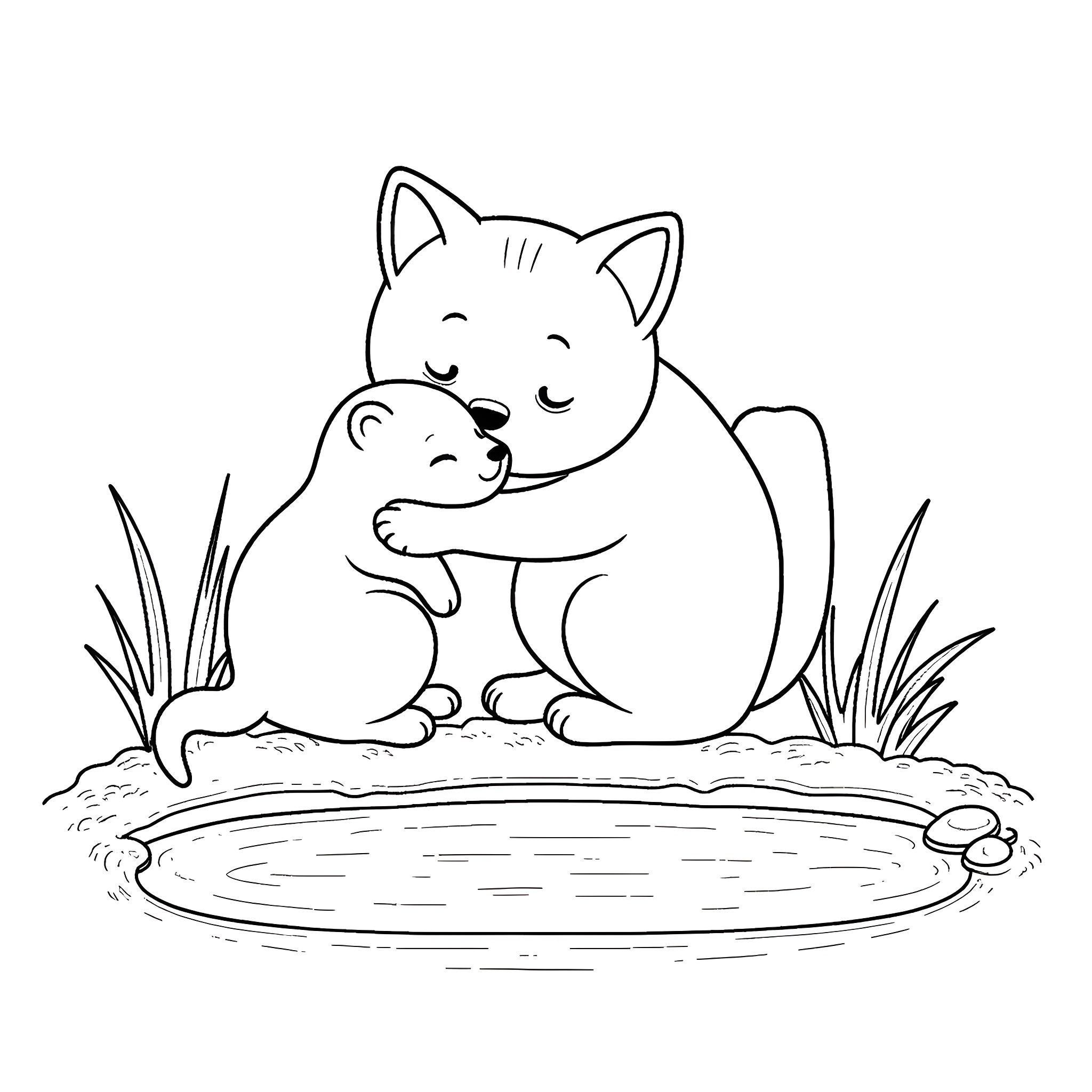 Cat napping in a tranquil pond Coloring Page (free black-and-white line drawing printable PDF for all, from beginners to advanced learners, including children, teens, adults, and seniors)