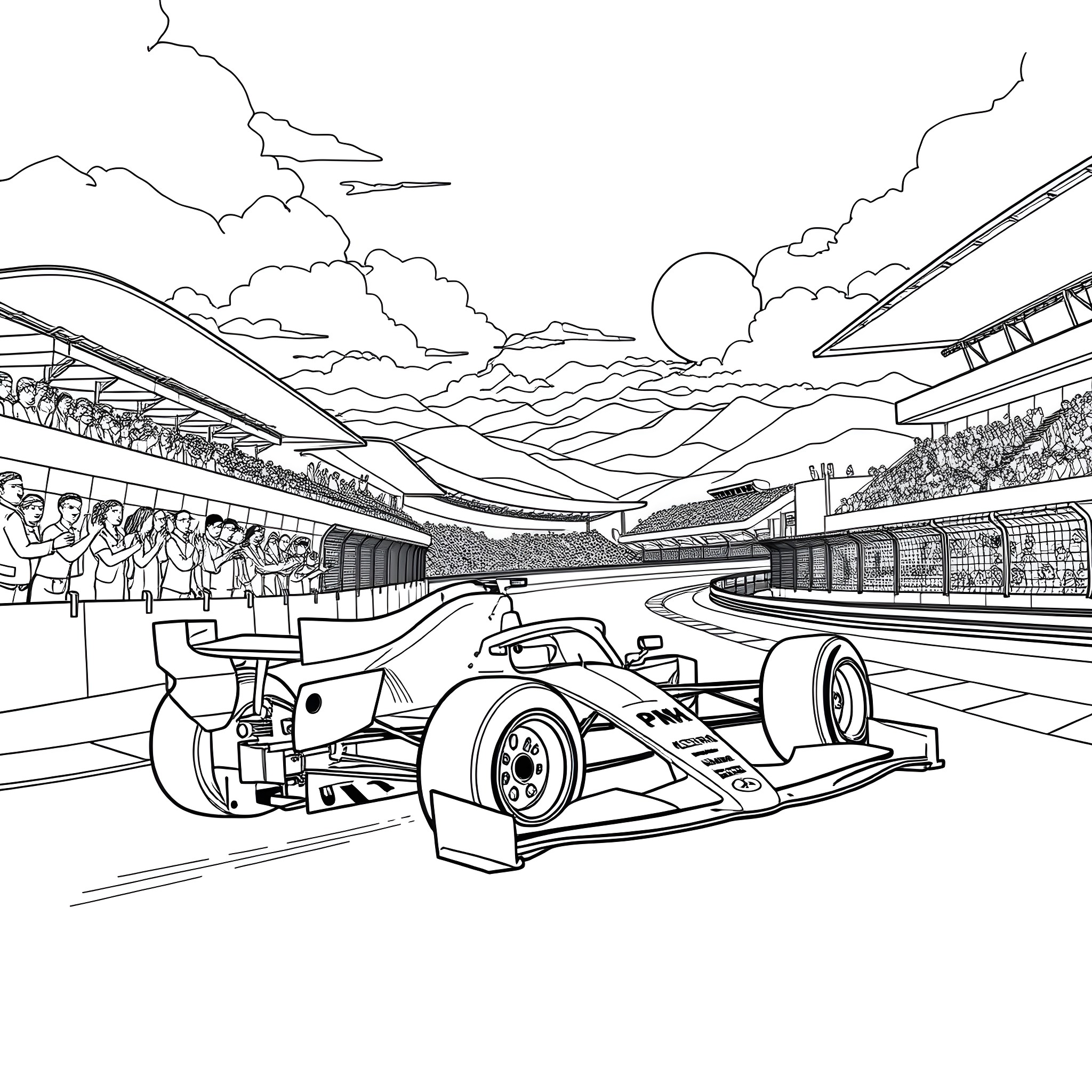 McLaren Formula One Racing at the Circuit Coloring Page (free black-and-white line drawing printable PDF for all, from beginners to advanced learners, including children, teens, adults, and seniors)