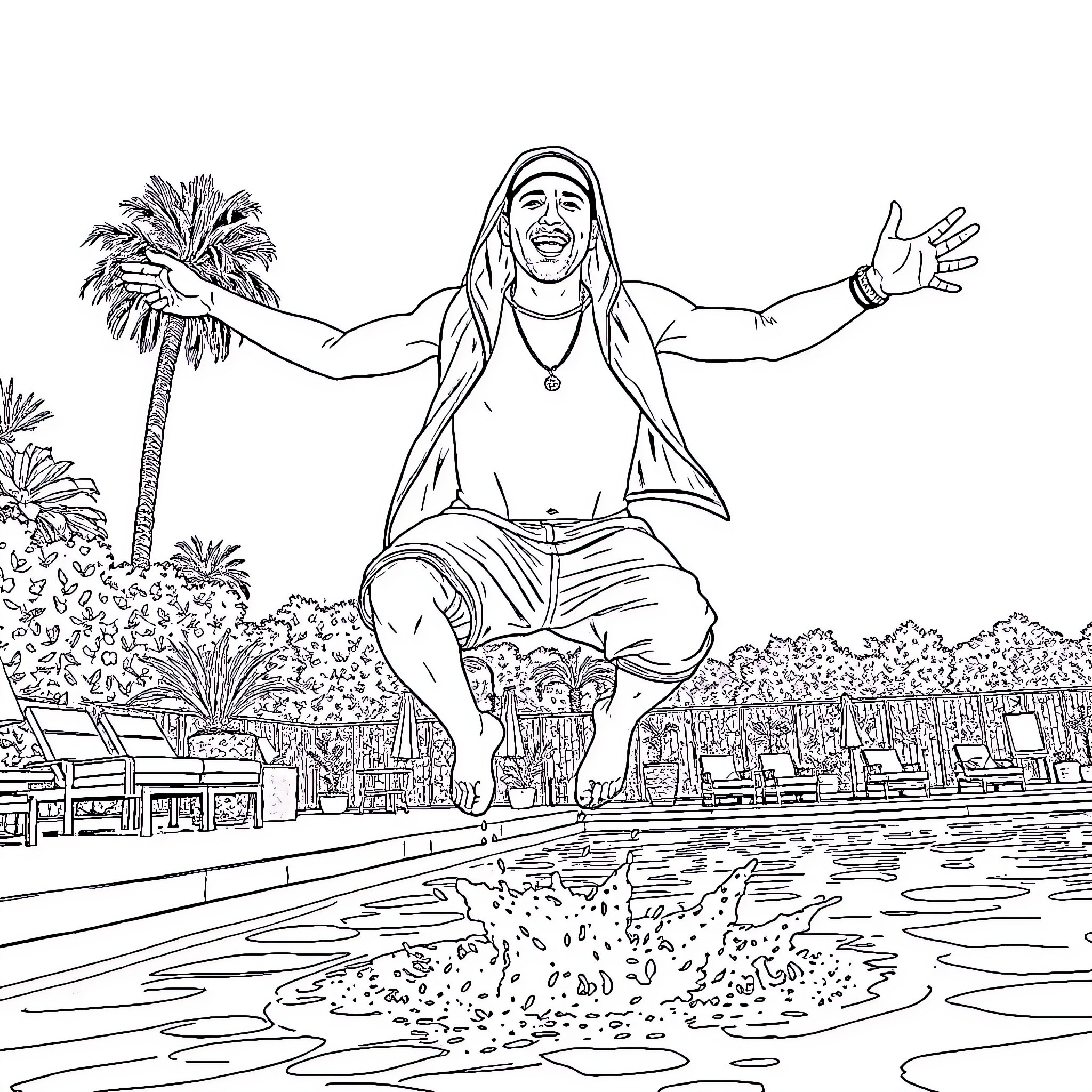 Eminem joyfully jumping into a pool surrounded by palm trees Coloring Page (free black-and-white line drawing printable PDF for all, from beginners to advanced learners, including children, teens, adults, and seniors)