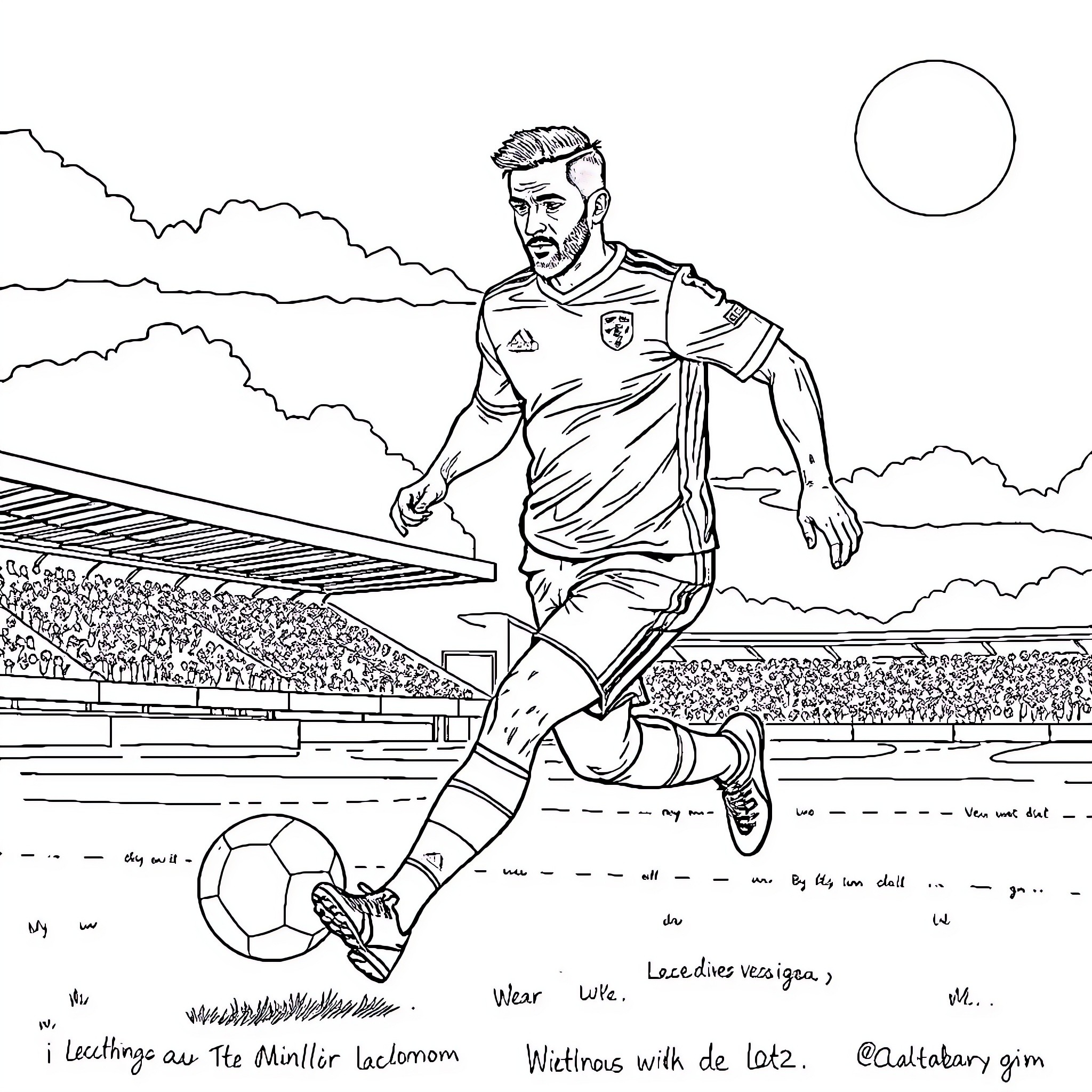 Arda Guler playing football on the field Coloring Page (free black-and-white line drawing printable PDF for all, from beginners to advanced learners, including children, teens, adults, and seniors)