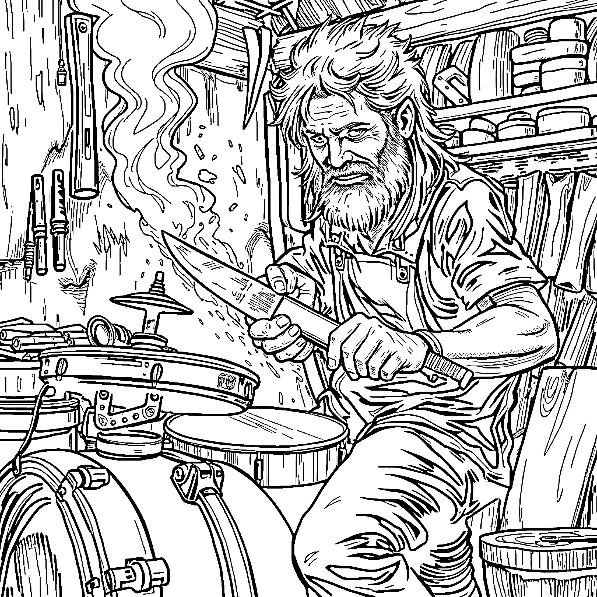 Drummer performing passionately on stage Coloring Page (free black-and-white line drawing printable PDF for all, from beginners to advanced learners, including children, teens, adults, and seniors)