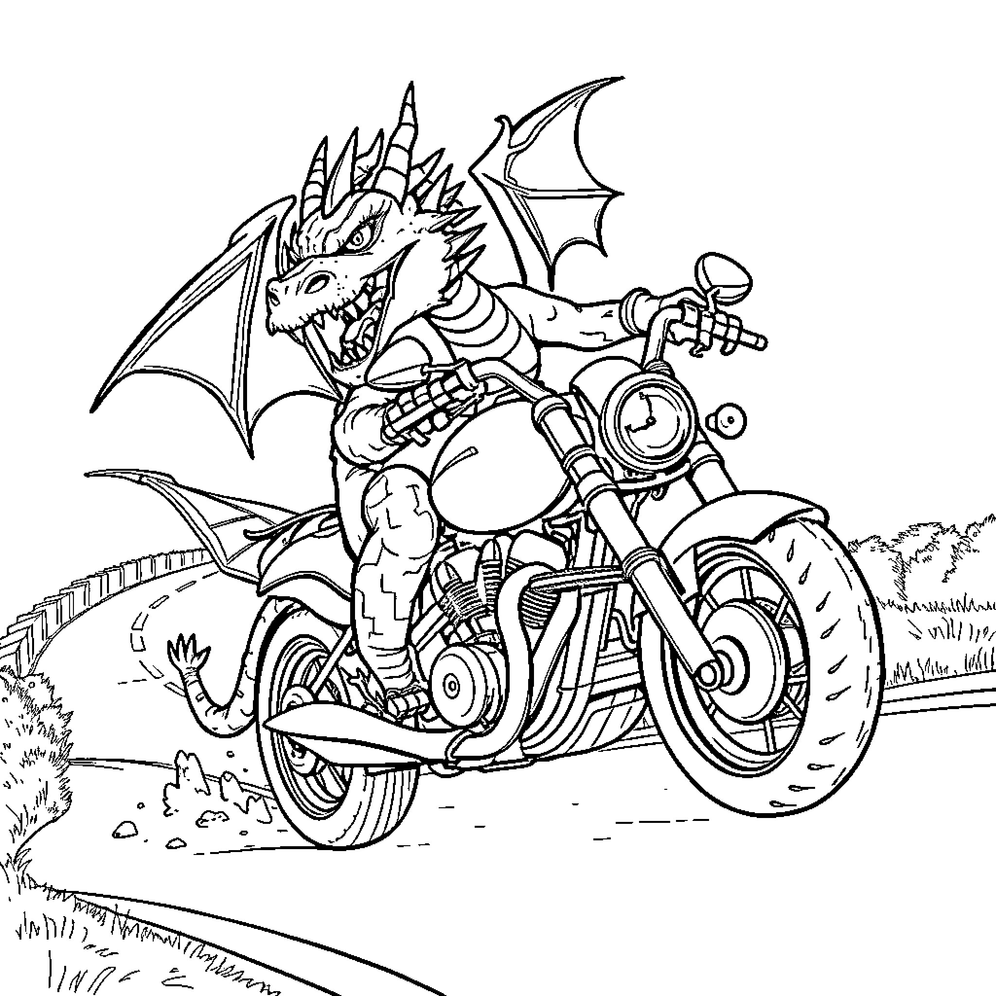 Dragon Biker Riding Fierce Motorcycle on Road Coloring Page (free black-and-white line drawing printable PDF for all, from beginners to advanced learners, including children, teens, adults, and seniors)